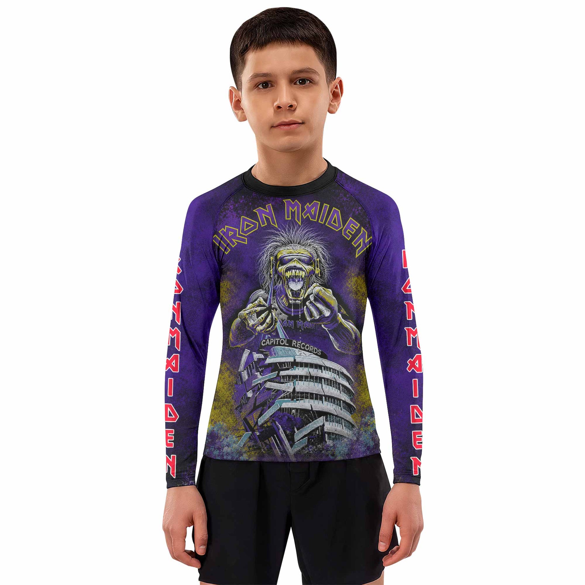 Iron Maiden Capitol Chaos Eddie Kids Rash Guard Long Sleeve - boy's lifestyle view