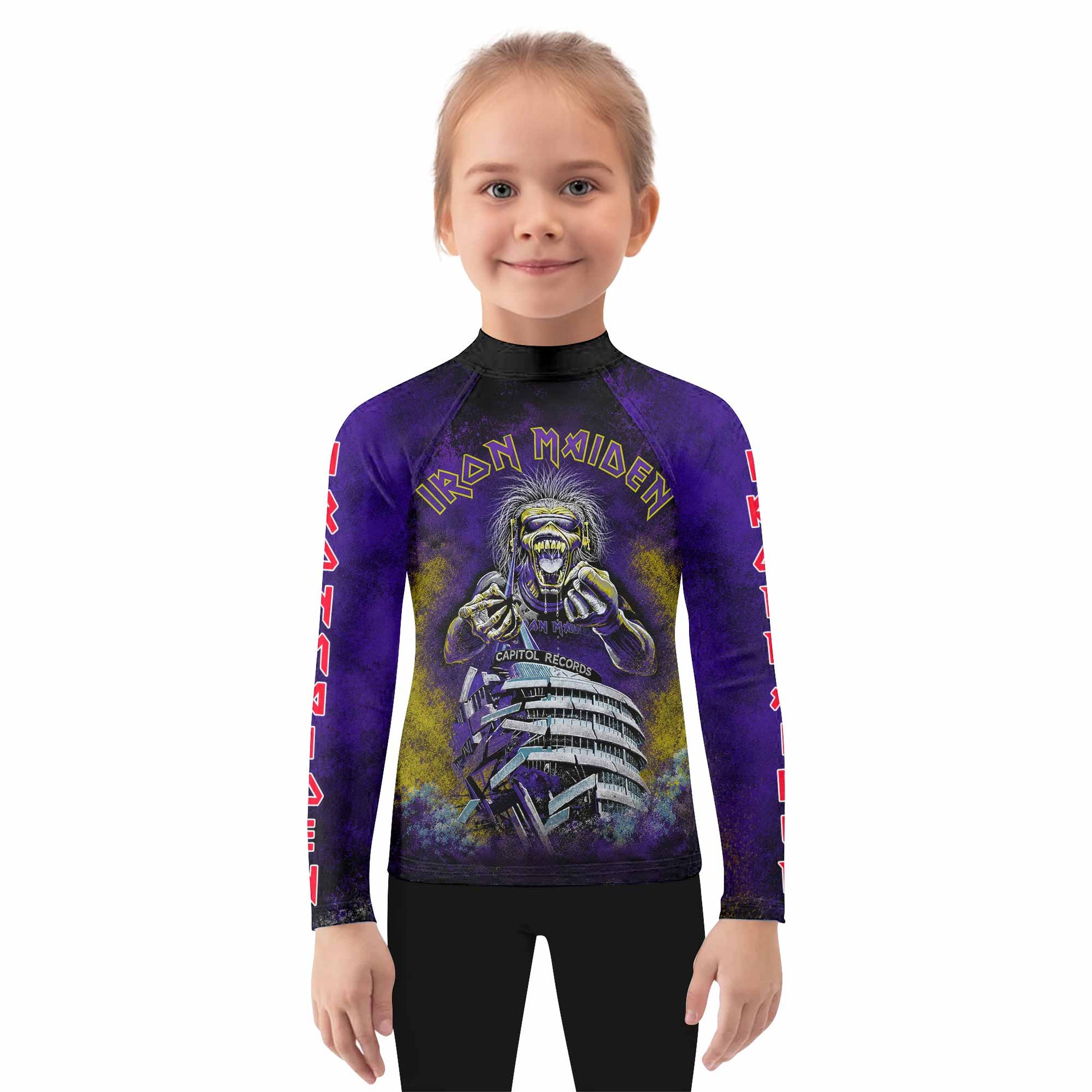 Iron Maiden Capitol Chaos Eddie Kids Rash Guard Long Sleeve - girl's lifestyle view