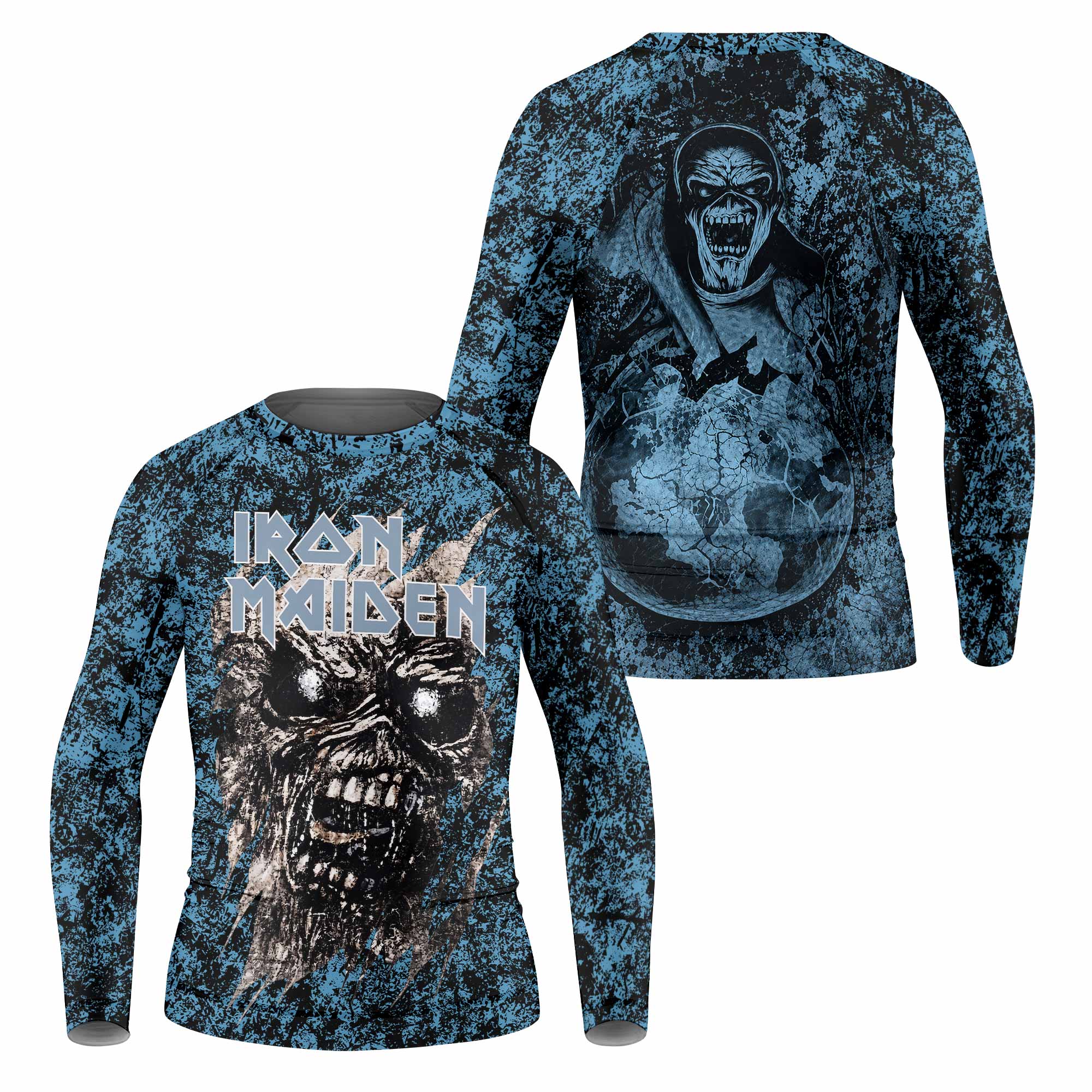 Iron Maiden Fear Reaper Eddie Kids Rash Guard Long Sleeve - front and back view