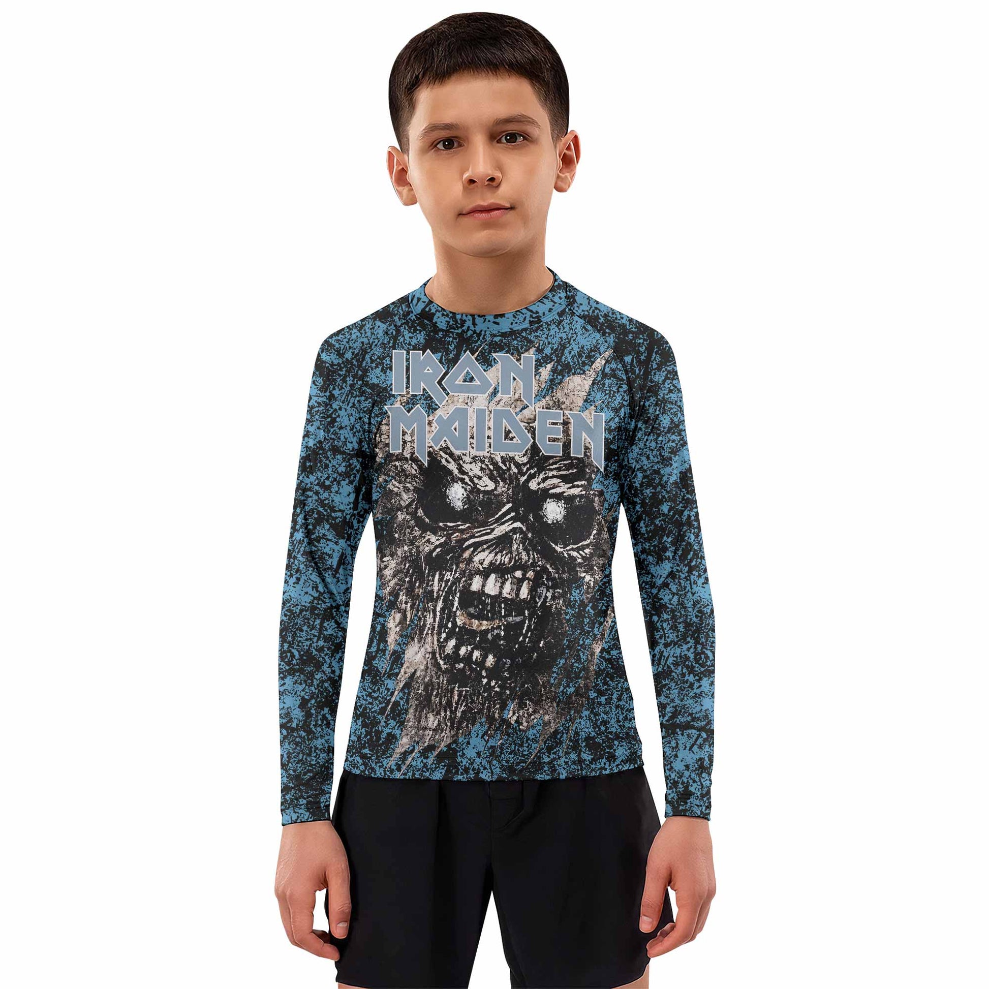 Iron Maiden Fear Reaper Eddie Kids Rash Guard Long Sleeve - boy's lifestyle view