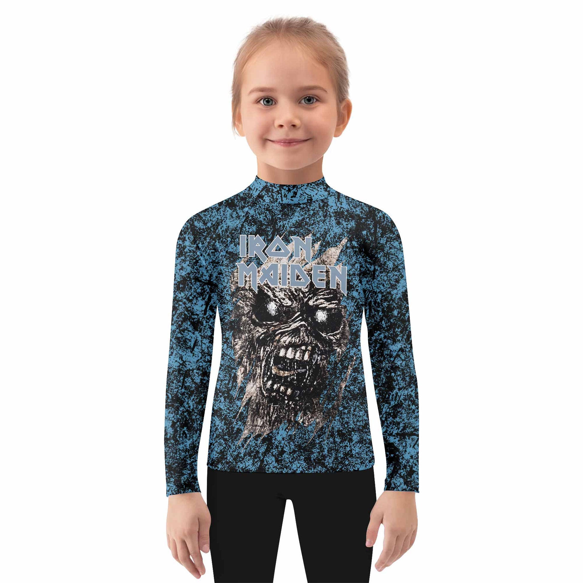 Iron Maiden Fear Reaper Eddie Kids Rash Guard Long Sleeve - girl's lifestyle view