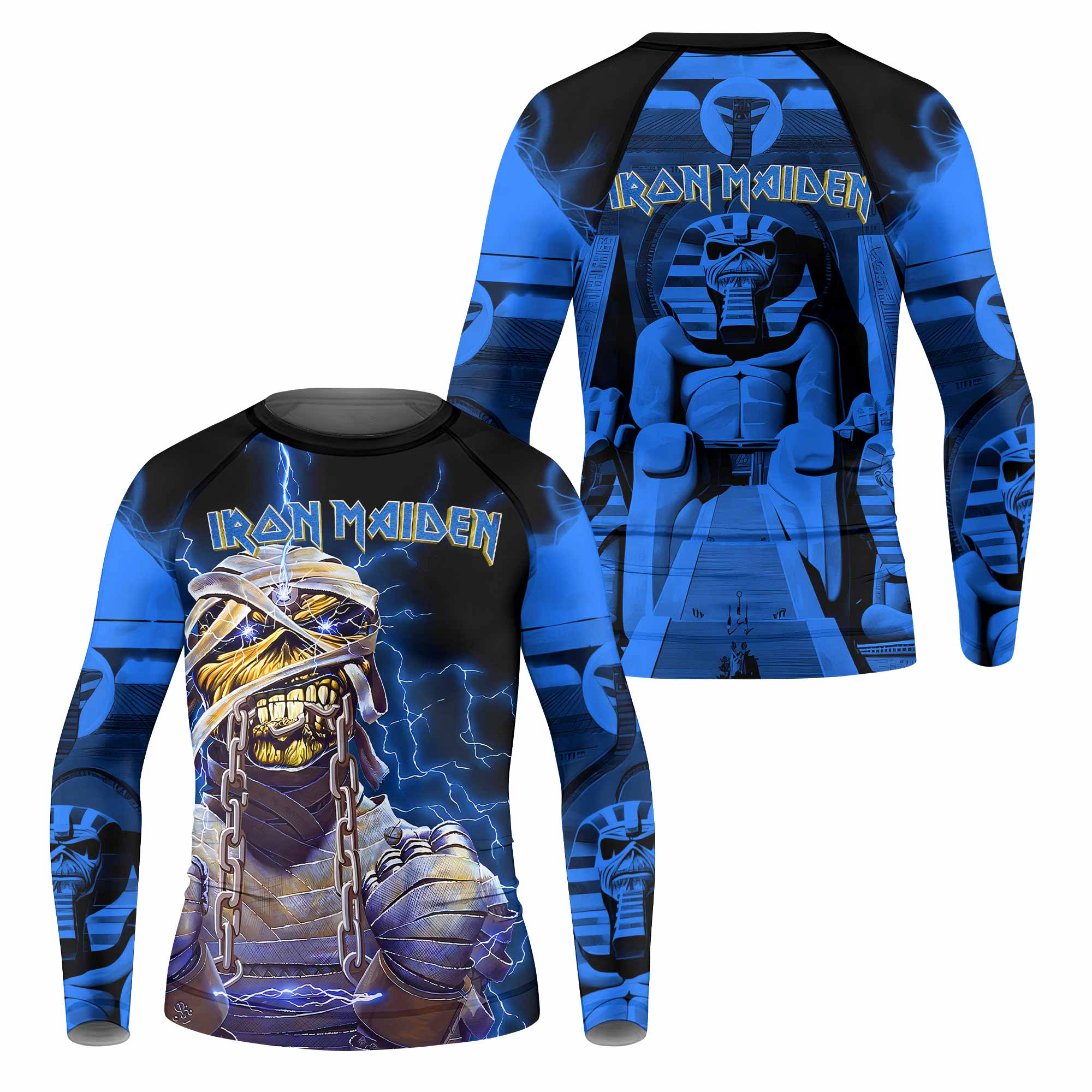 Iron Maiden Powerslave Mummy Eddie Kids Rash Guard Long Sleeve - front and back view