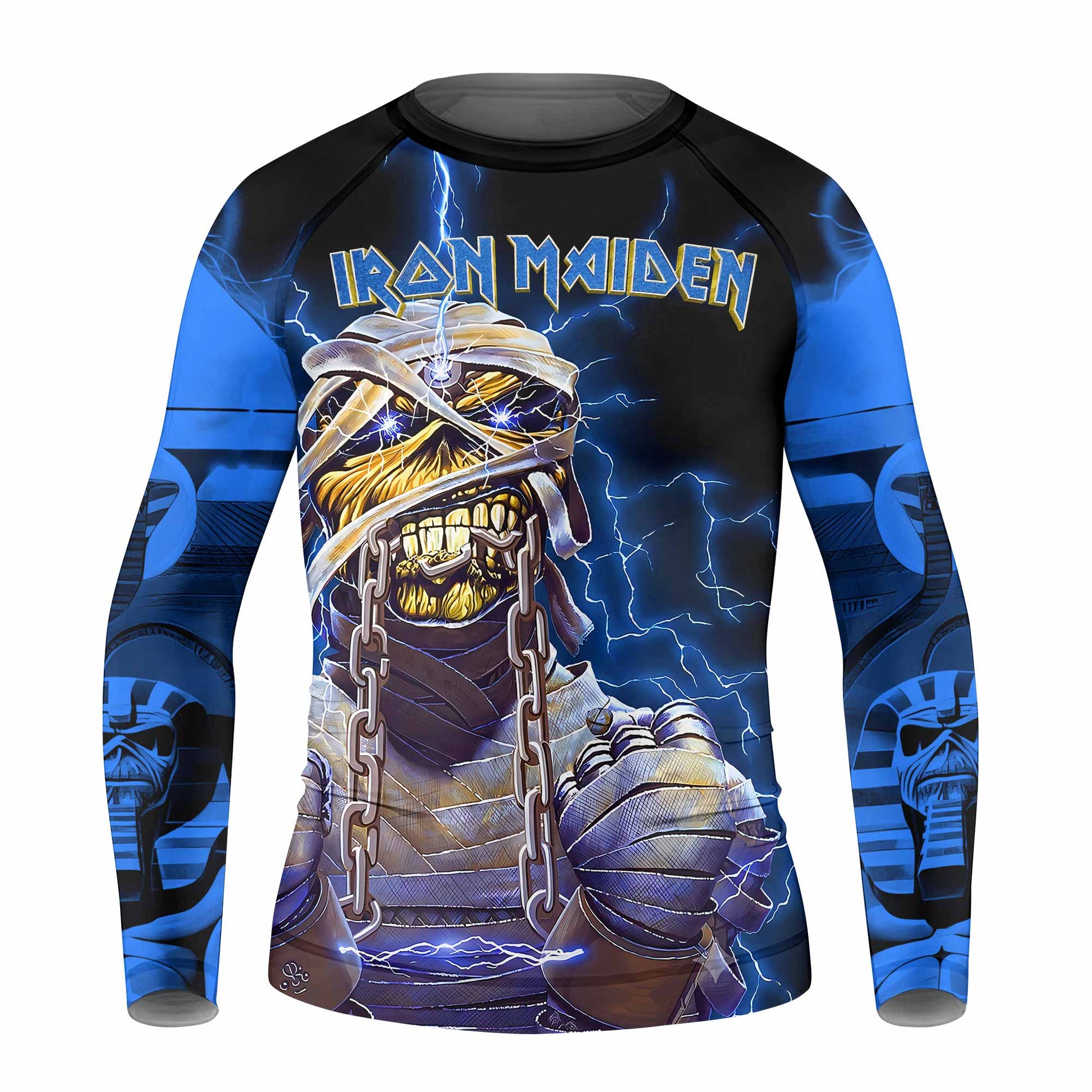 Iron Maiden Powerslave Mummy Eddie Kids Rash Guard Long Sleeve - front view mockup