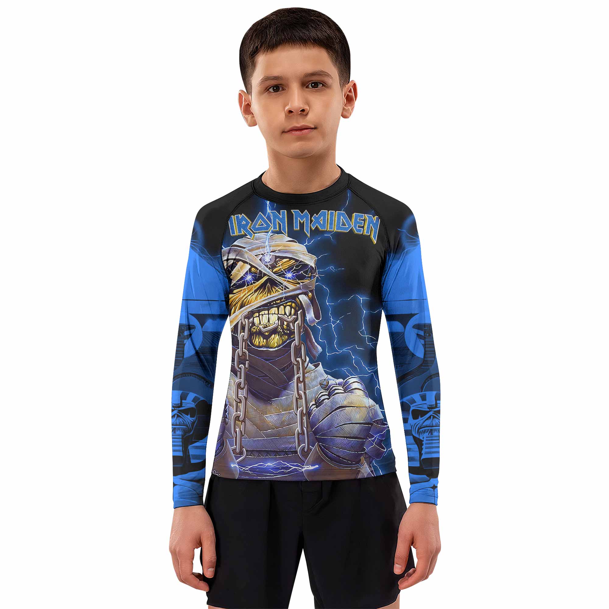 Iron Maiden Powerslave Mummy Eddie Kids Rash Guard Long Sleeve - boy's lifestyle view