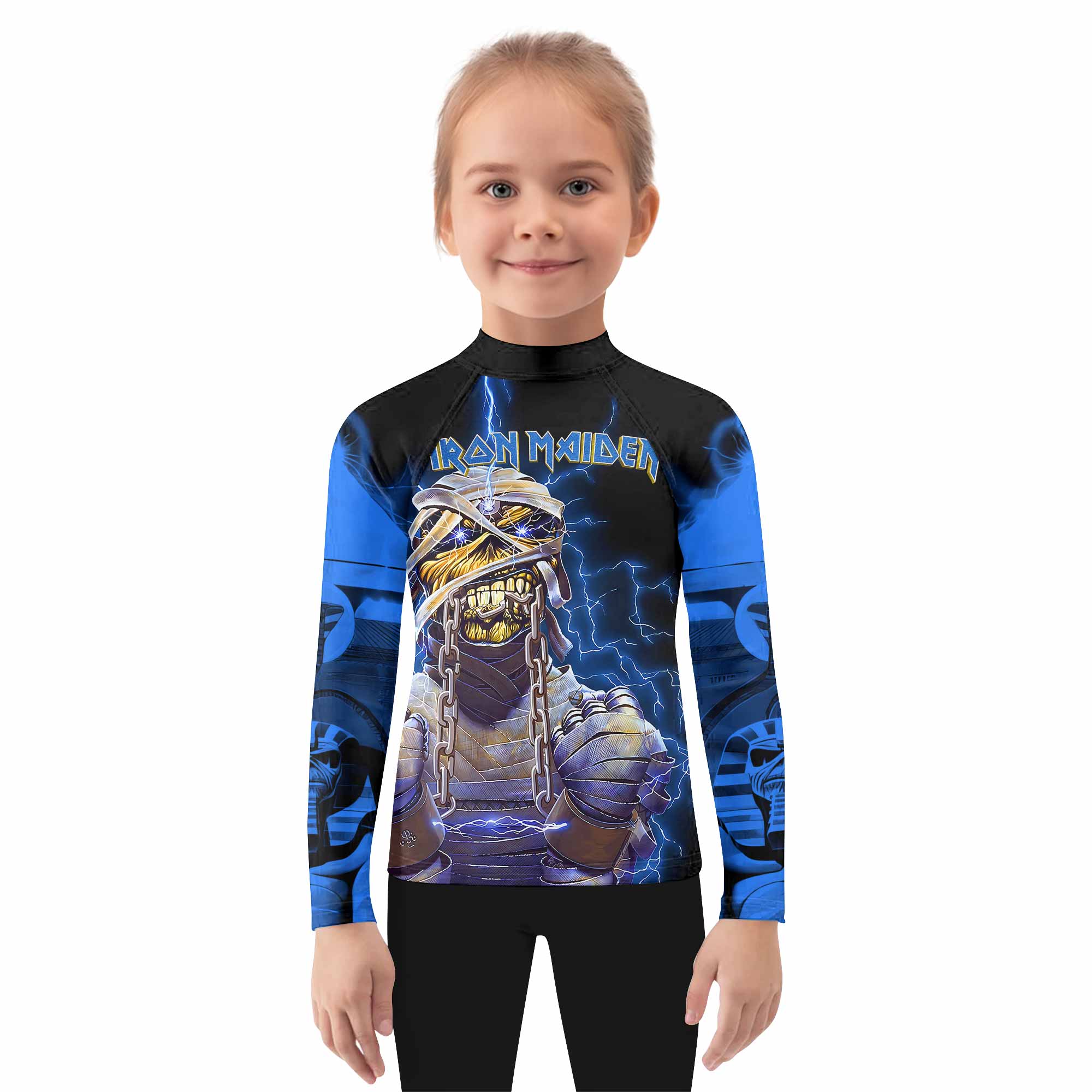 Iron Maiden Powerslave Mummy Eddie Kids Rash Guard Long Sleeve - girl's lifestyle view