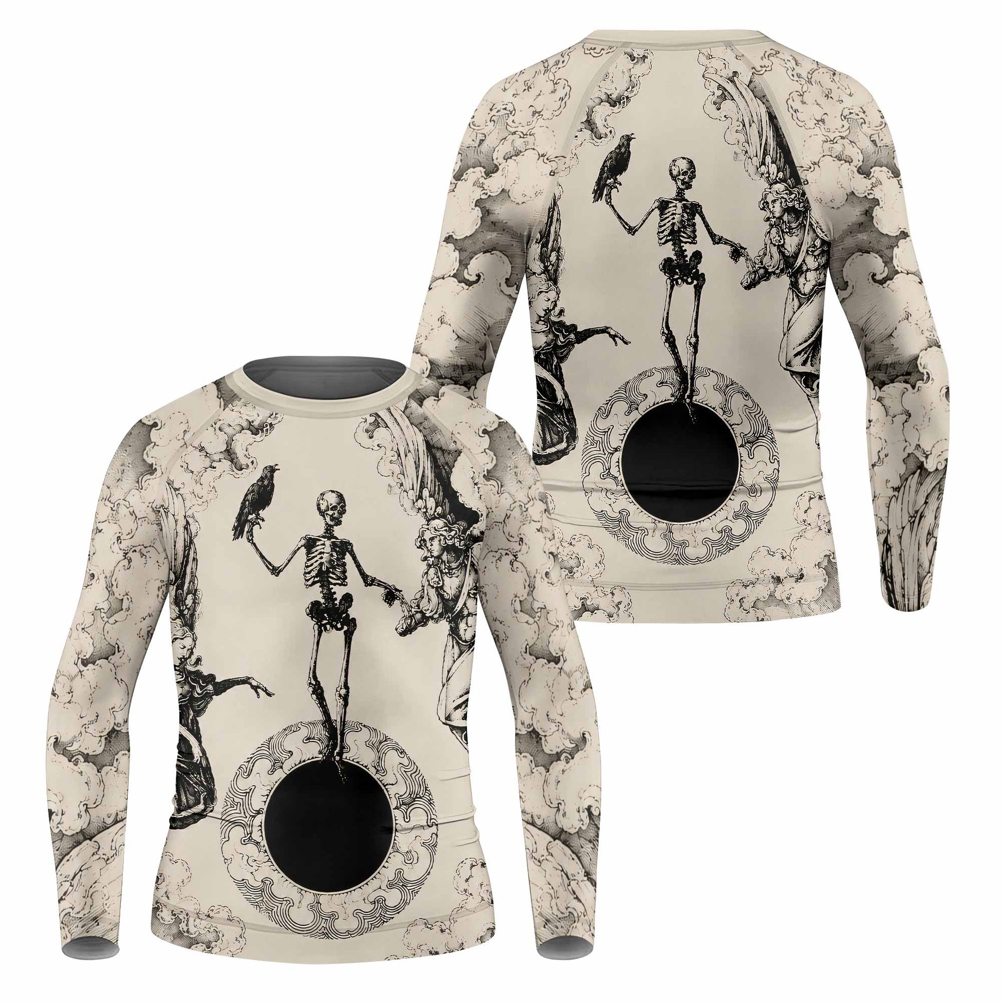 Celestial Memento Mori Kids Rash Guard Long Sleeve - front and back view