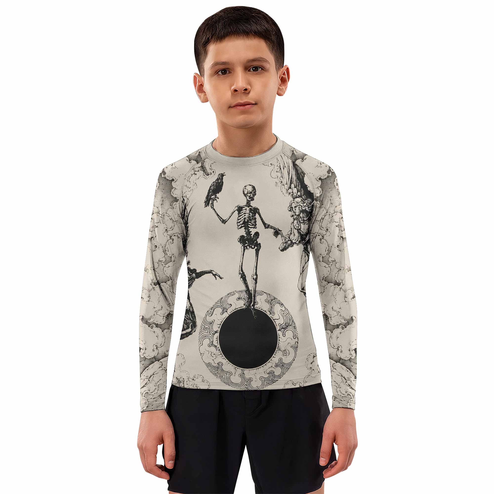 Celestial Memento Mori Kids Rash Guard Long Sleeve - boy's lifestyle view