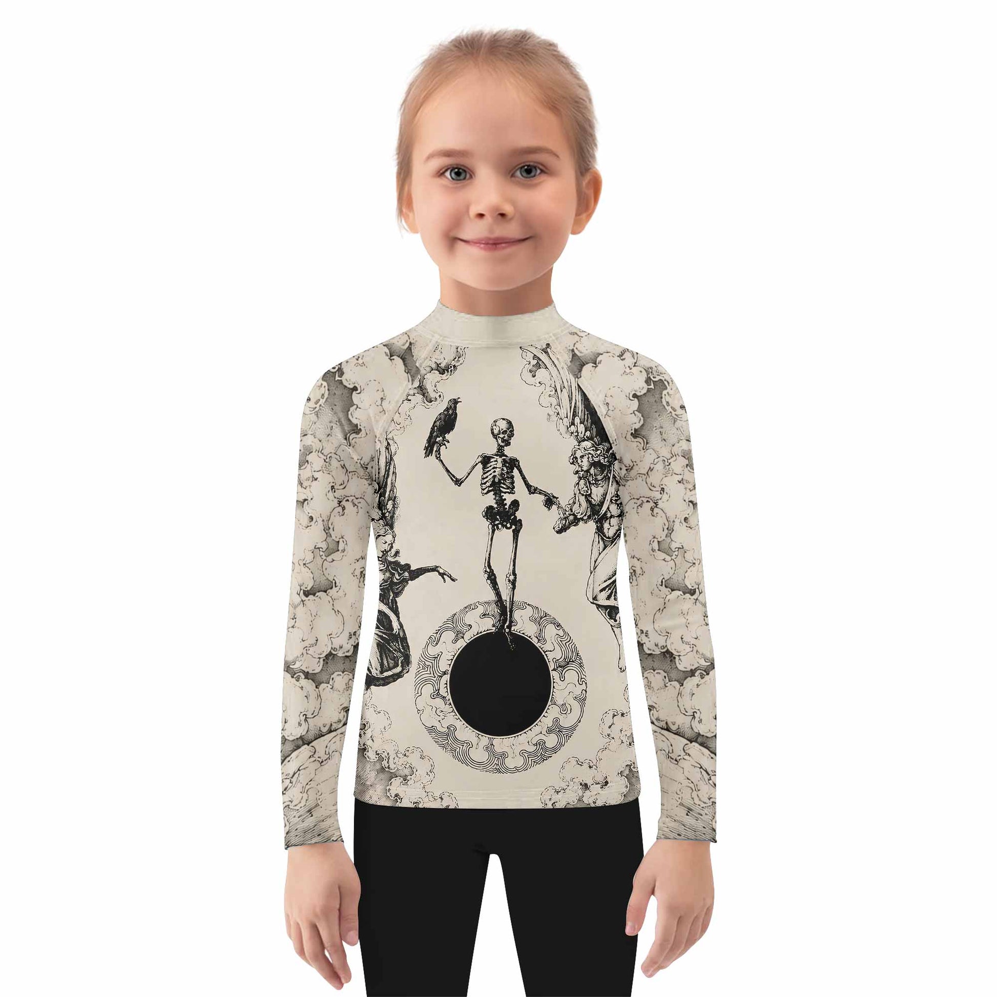 Celestial Memento Mori Kids Rash Guard Long Sleeve - girl's lifestyle view