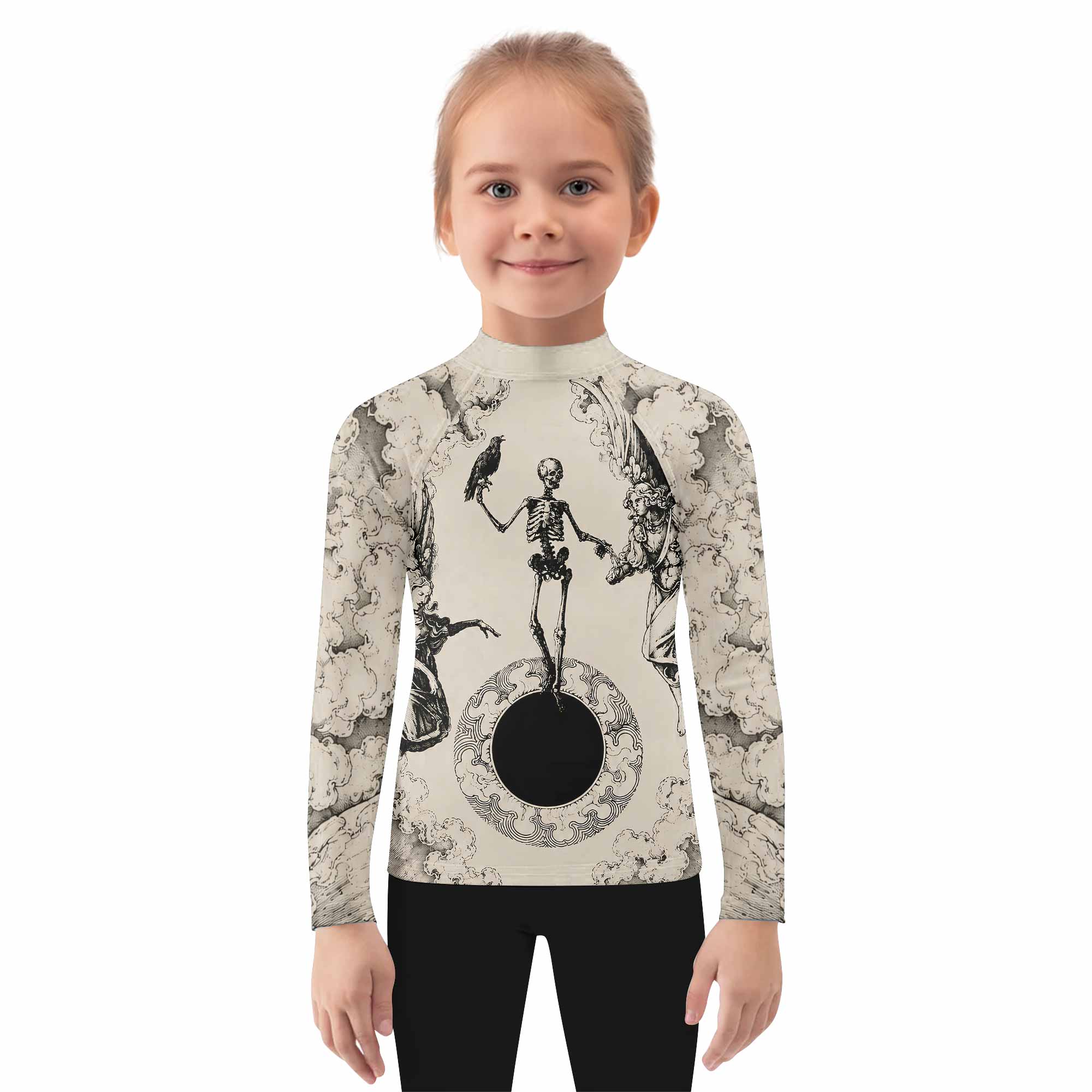 Celestial Memento Mori Kids Rash Guard Long Sleeve - girl's lifestyle view