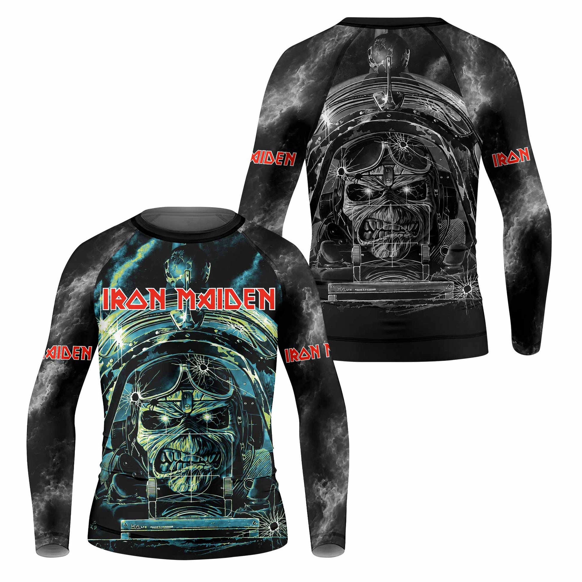 Iron Maiden Aces High Eddie Pilot Kids Rash Guard Long Sleeve - front and back view