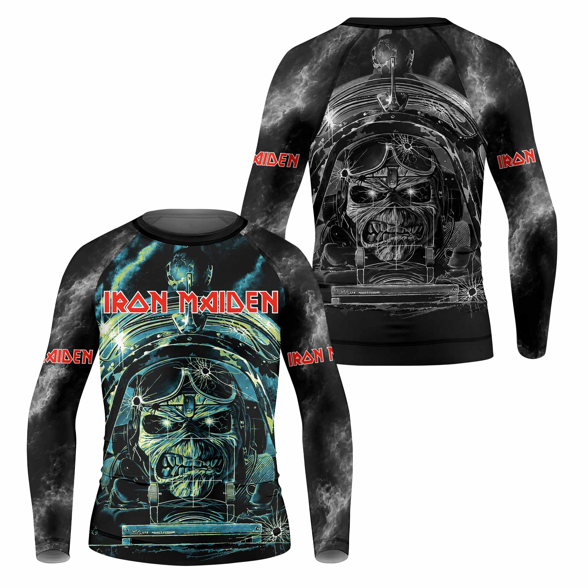 Iron Maiden Aces High Eddie Pilot Kids Rash Guard Long Sleeve - front and back view