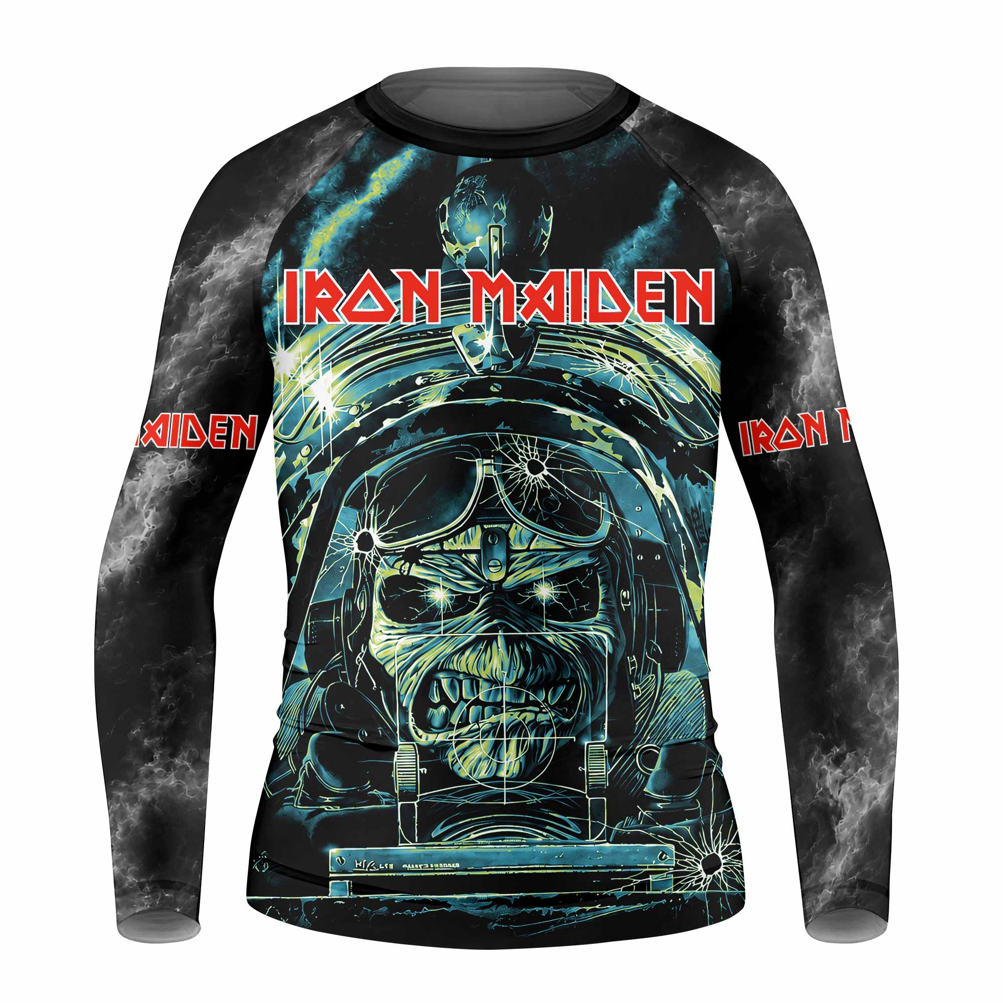 Iron Maiden Aces High Eddie Pilot Kids Rash Guard Long Sleeve - front view mockup