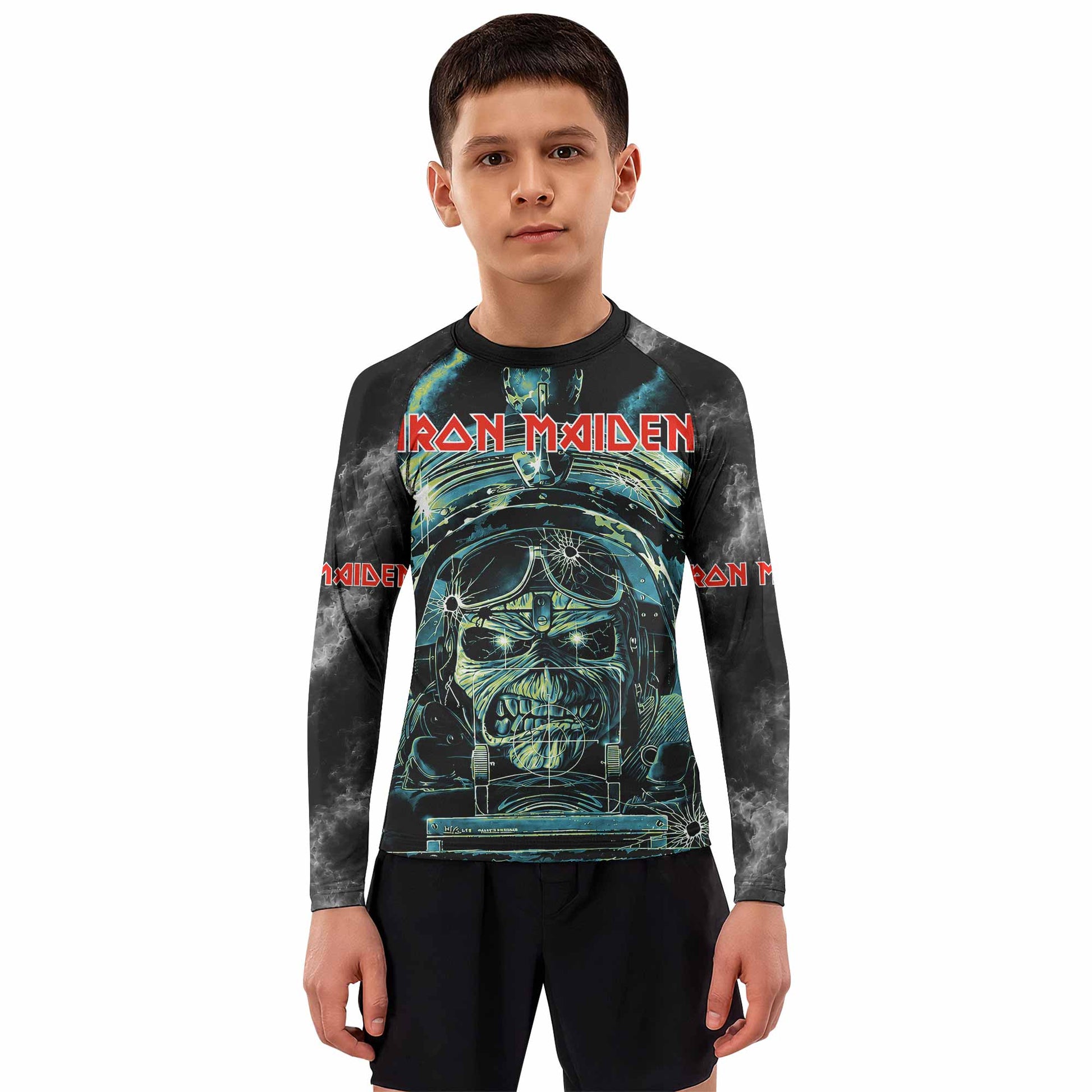Iron Maiden Aces High Eddie Pilot Kids Rash Guard Long Sleeve - boy's lifestyle view