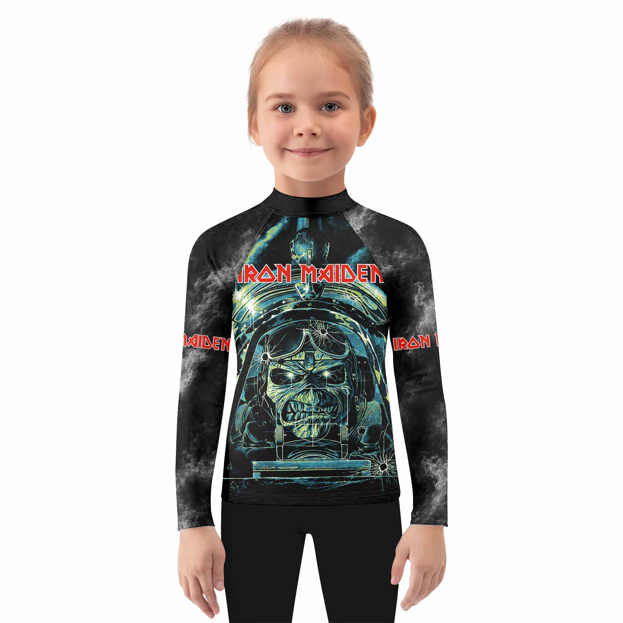 Iron Maiden Aces High Eddie Pilot Kids Rash Guard Long Sleeve - girl's lifestyle view