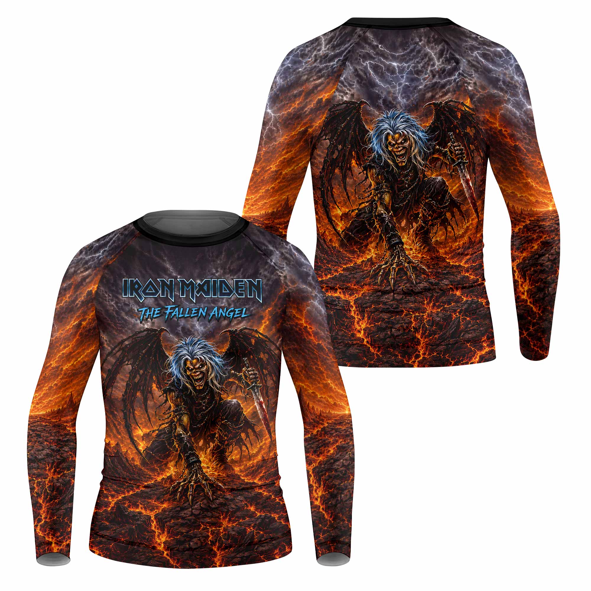 Iron Maiden The Fallen Angel Eddie Kids Rash Guard Long Sleeve - front and back view