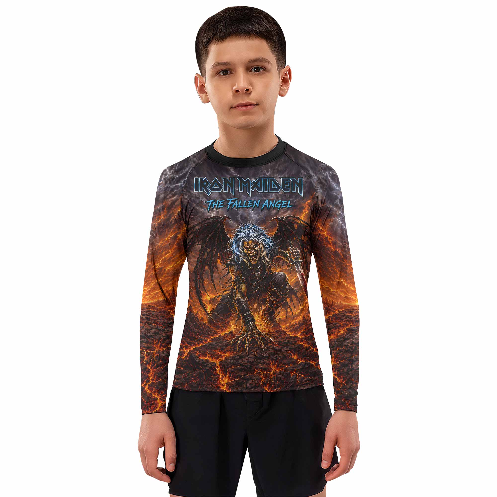 Iron Maiden The Fallen Angel Eddie Kids Rash Guard Long Sleeve - boy's lifestyle view