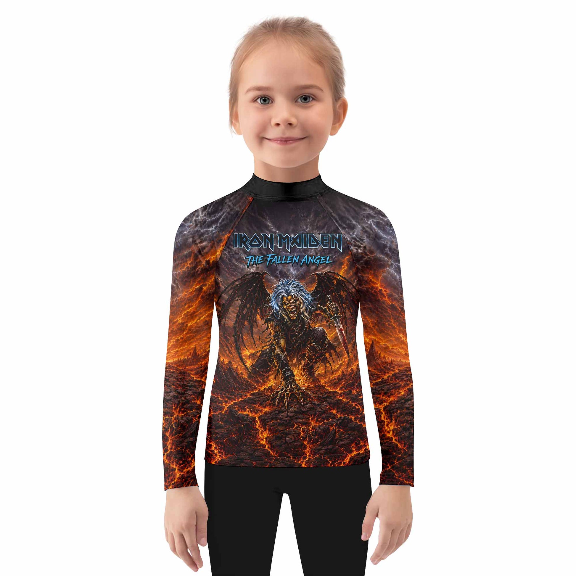 Iron Maiden The Fallen Angel Eddie Kids Rash Guard Long Sleeve - girl's lifestyle view