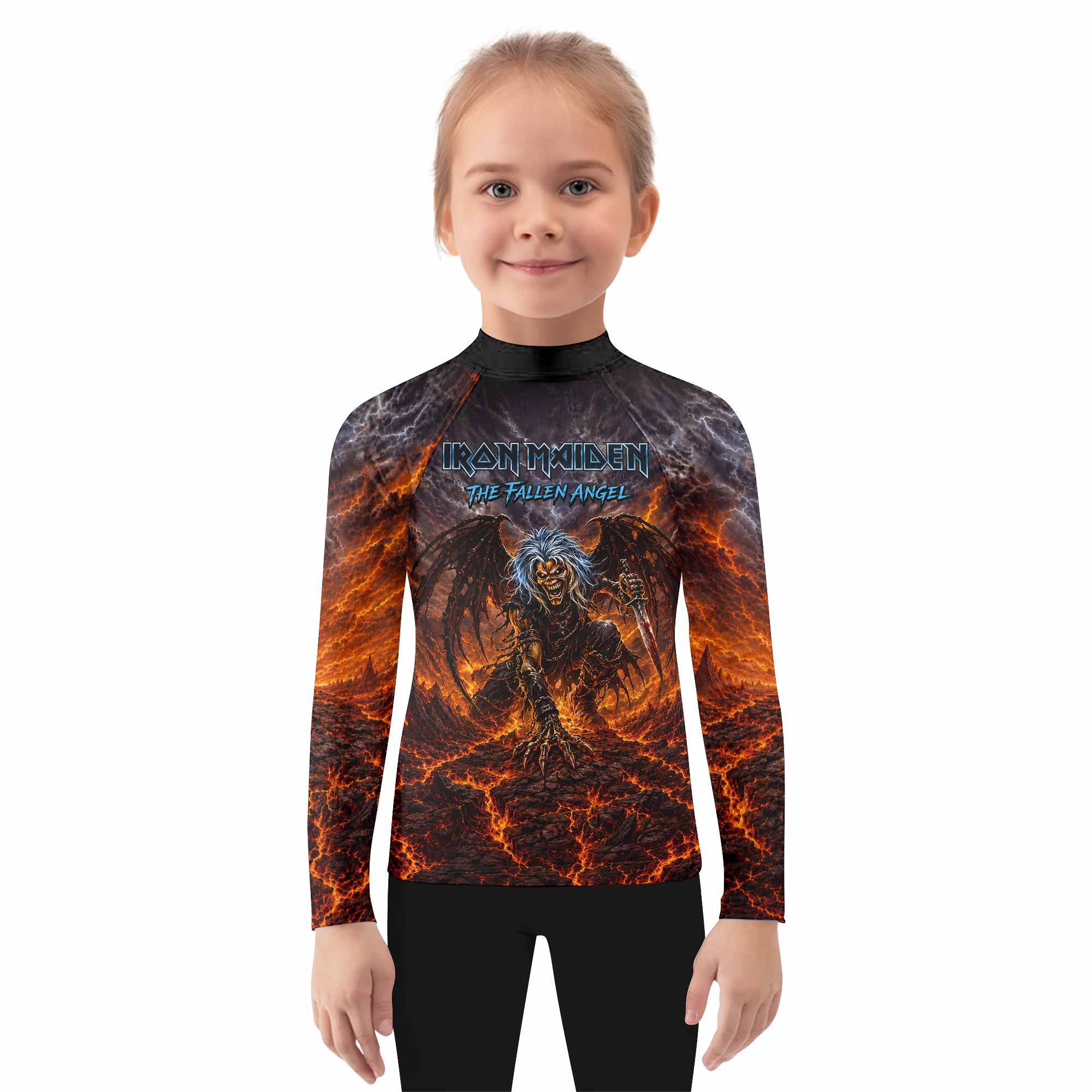 Iron Maiden The Fallen Angel Eddie Kids Rash Guard Long Sleeve - girl's lifestyle view