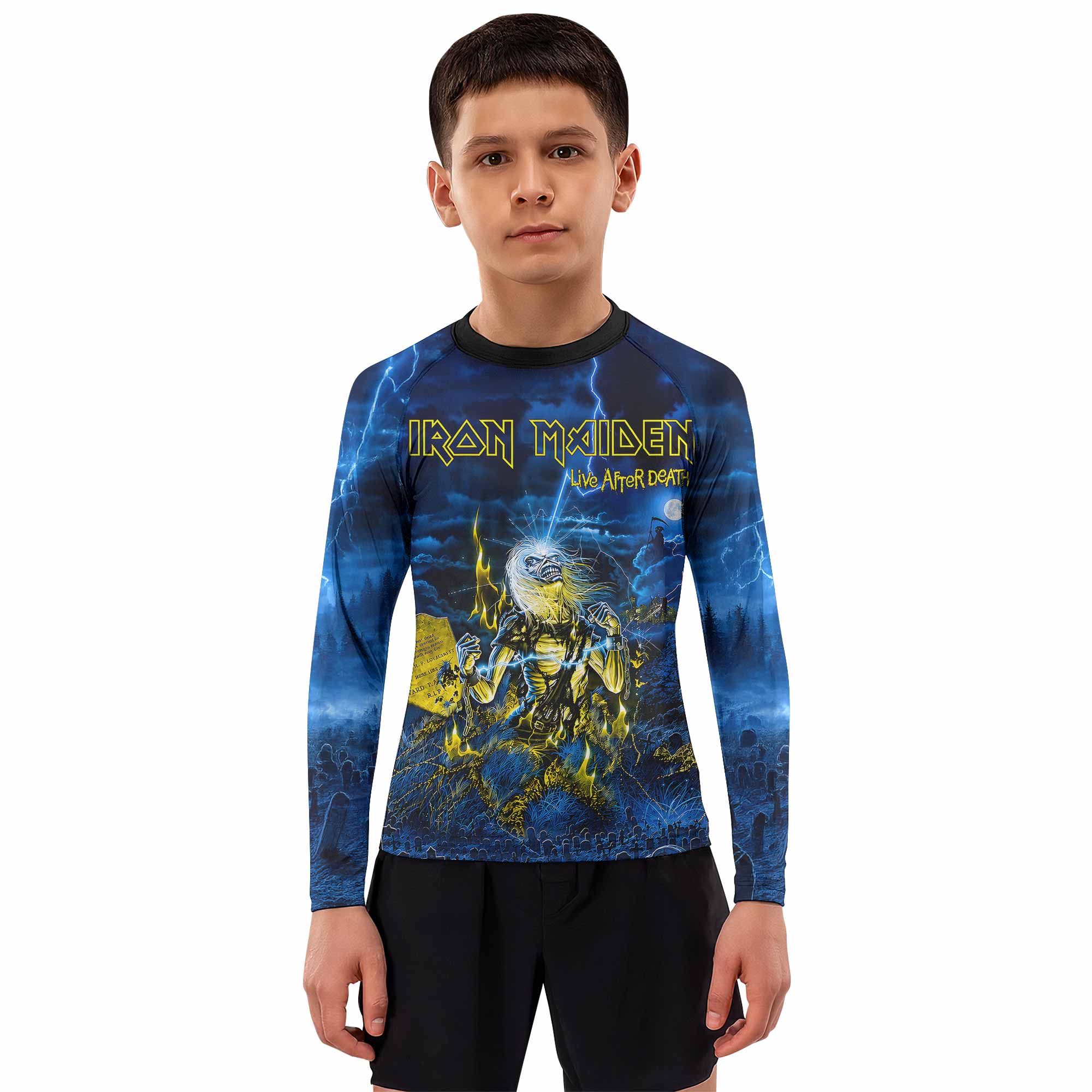 Iron Maiden Live After Death Eddie Kids Rash Guard Long Sleeve - boy's lifestyle view