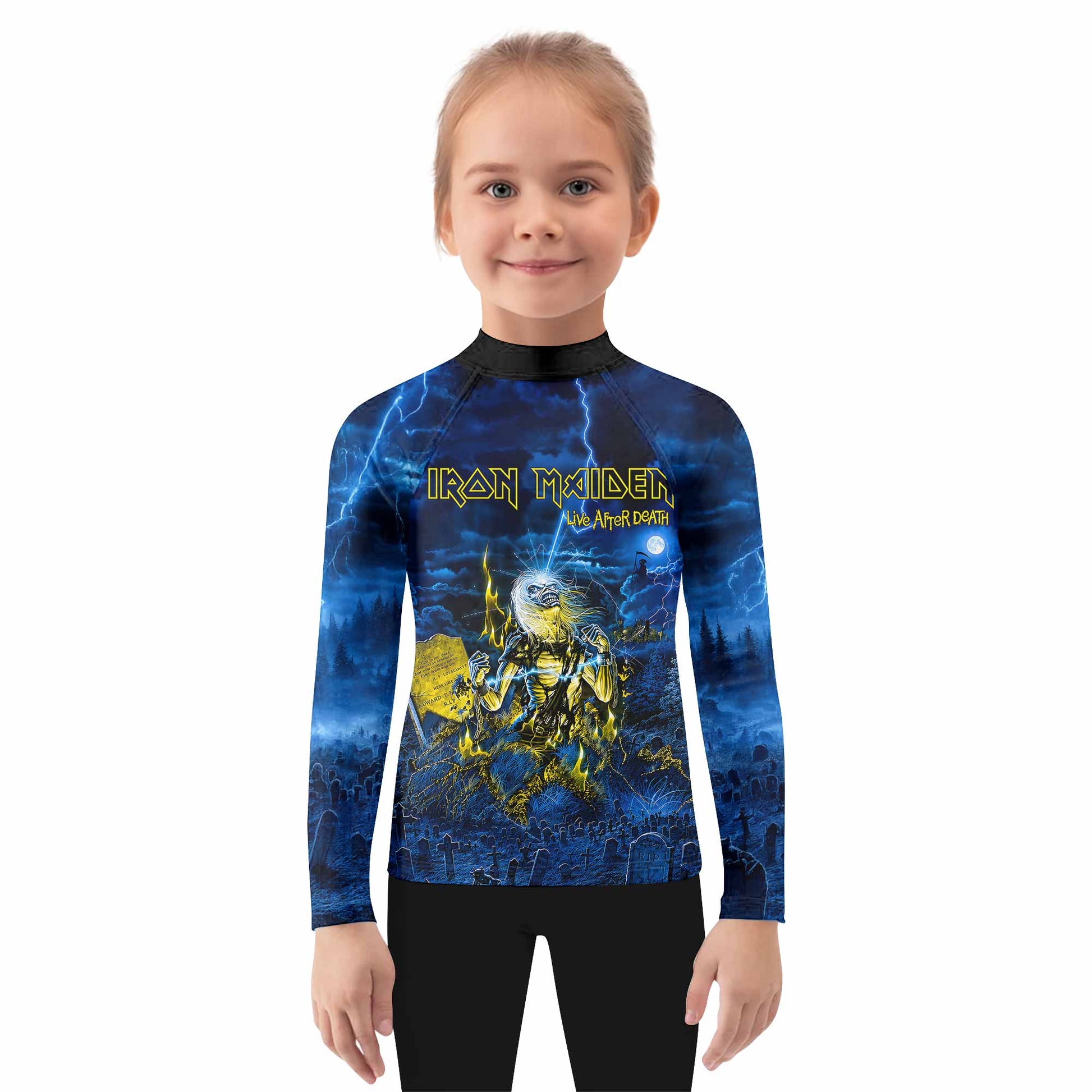 Iron Maiden Live After Death Eddie Kids Rash Guard Long Sleeve - girl's lifestyle view