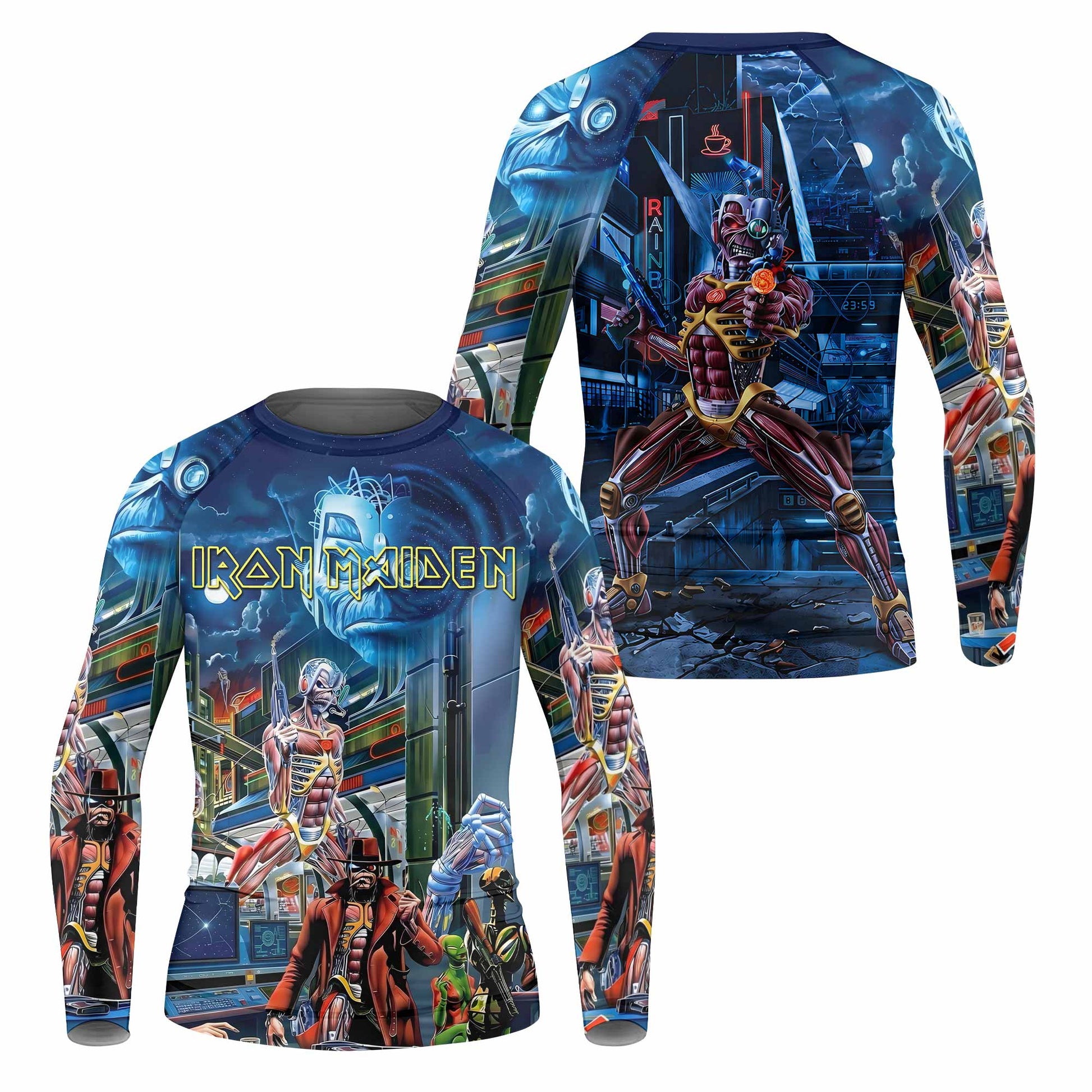 Iron Maiden Somewhere in Time Eddie Cyborg Kids Rash Guard Long Sleeve - front and back view