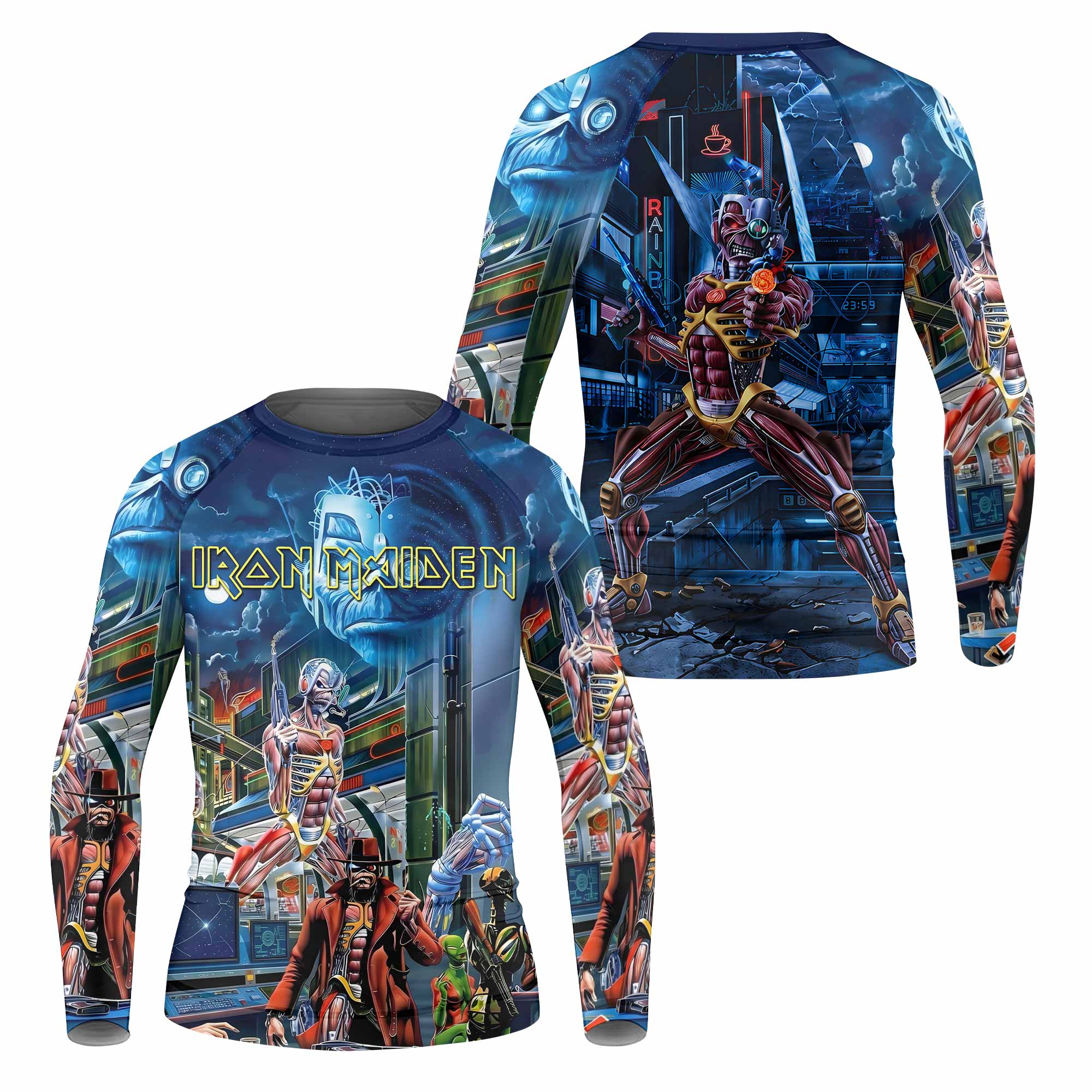 Iron Maiden Somewhere in Time Eddie Cyborg Kids Rash Guard Long Sleeve - front and back view