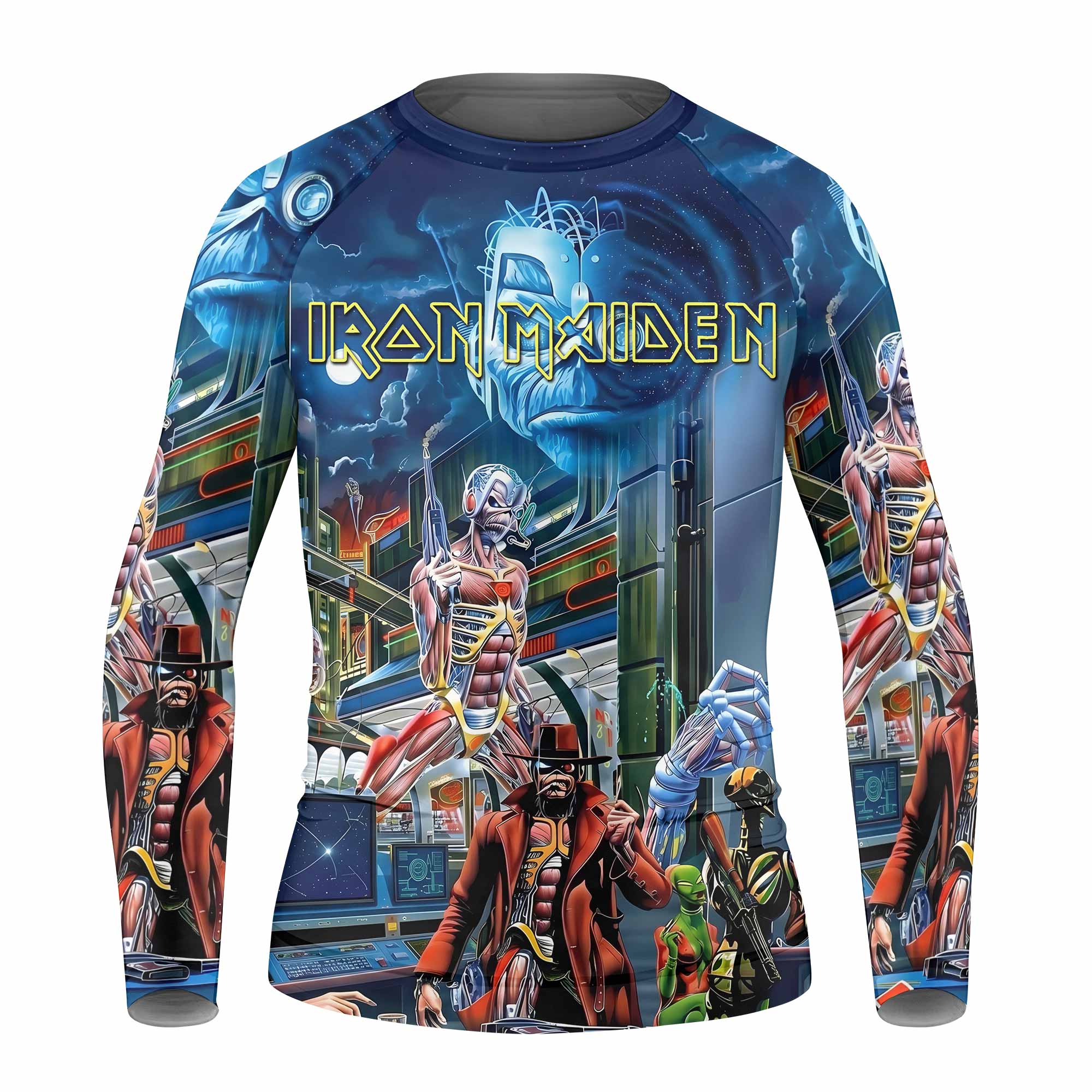Iron Maiden Somewhere in Time Eddie Cyborg Kids Rash Guard Long Sleeve - front view mockup