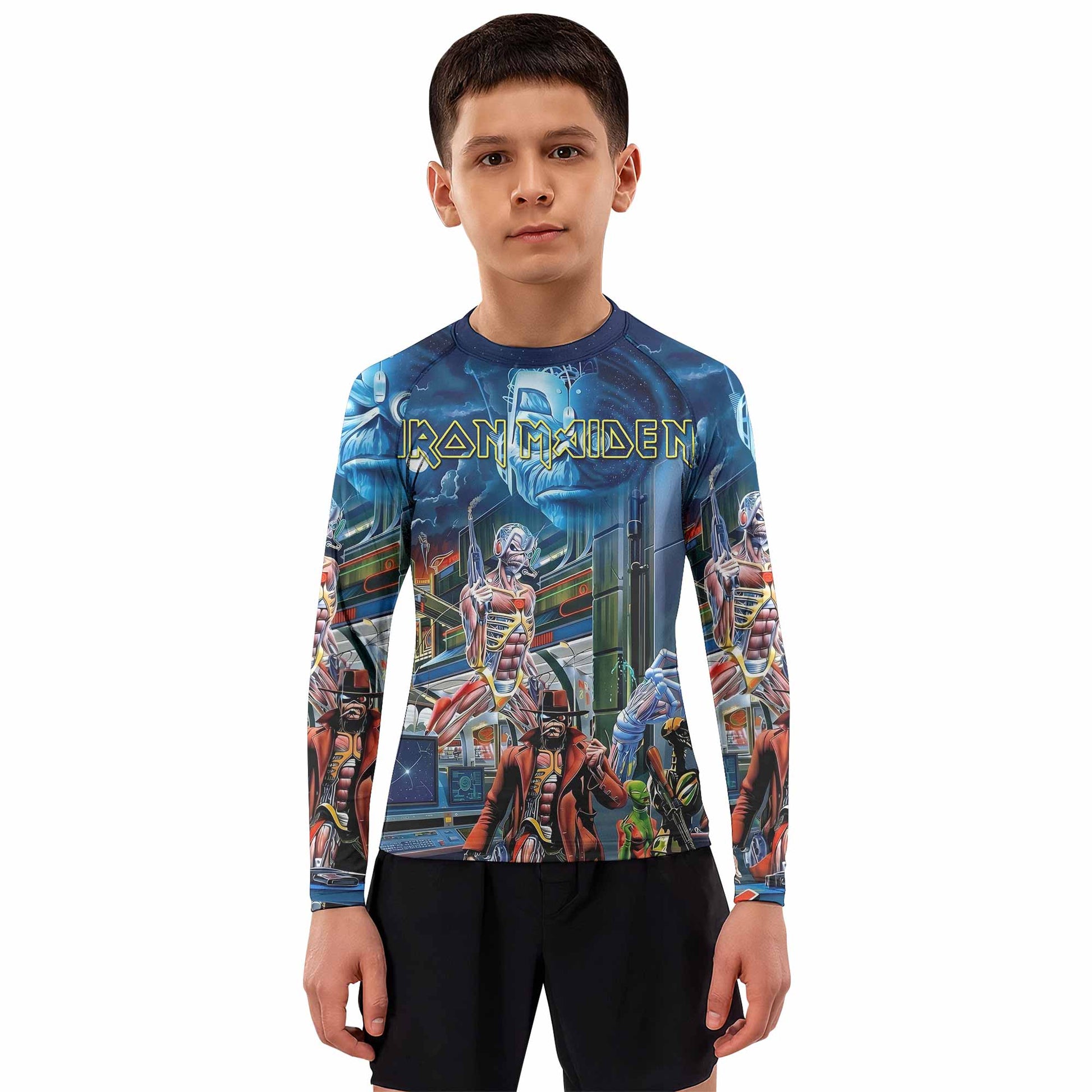 Iron Maiden Somewhere in Time Eddie Cyborg Kids Rash Guard Long Sleeve - boy's lifestyle view