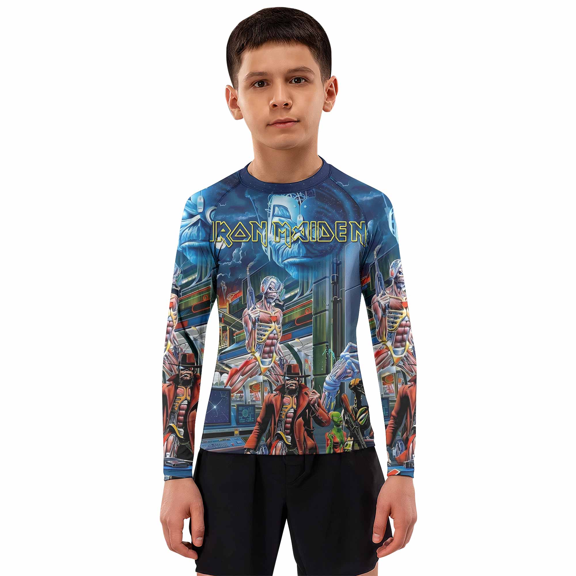 Iron Maiden Somewhere in Time Eddie Cyborg Kids Rash Guard Long Sleeve - boy's lifestyle view