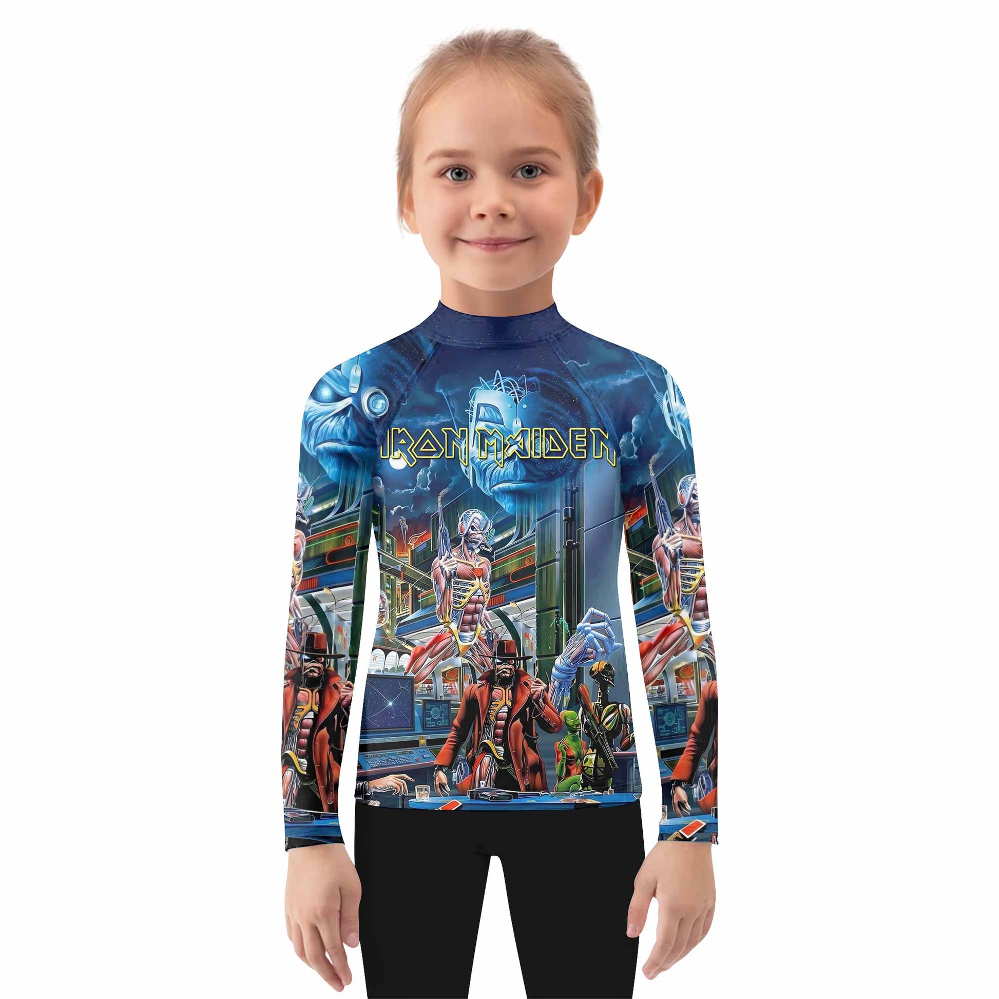 Iron Maiden Somewhere in Time Eddie Cyborg Kids Rash Guard Long Sleeve - girl's lifestyle view