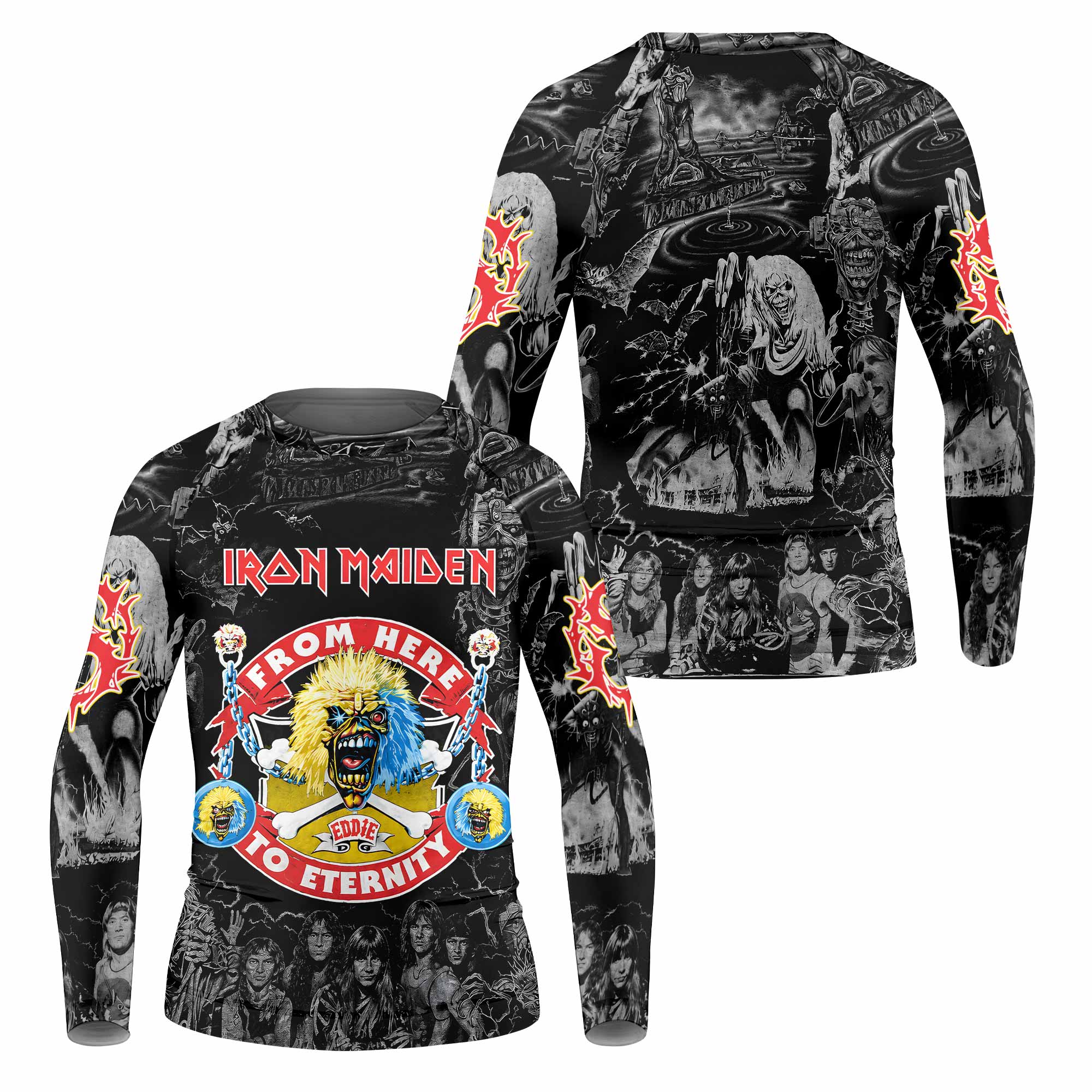 Iron Maiden From Here to Eternity Eddie Kids Rash Guard Long Sleeve - front and back view