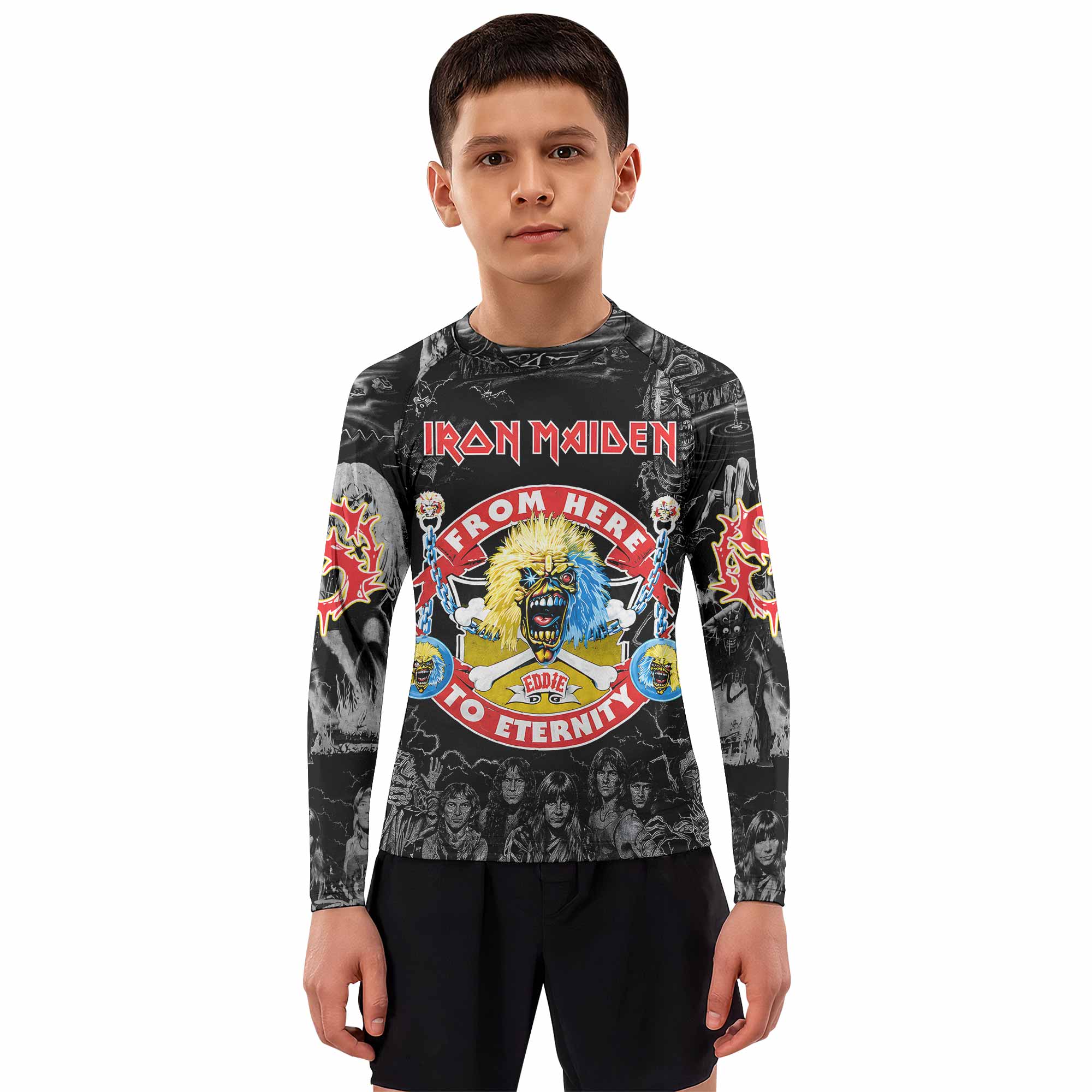 Iron Maiden From Here to Eternity Eddie Kids Rash Guard Long Sleeve - boy's lifestyle view