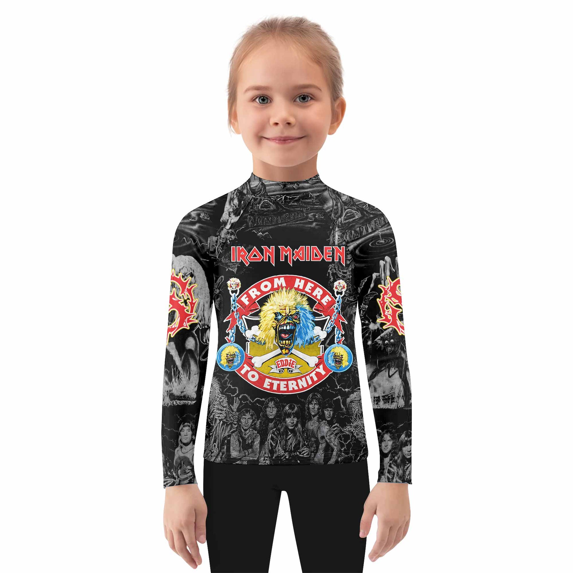 Iron Maiden From Here to Eternity Eddie Kids Rash Guard Long Sleeve - girl's lifestyle view