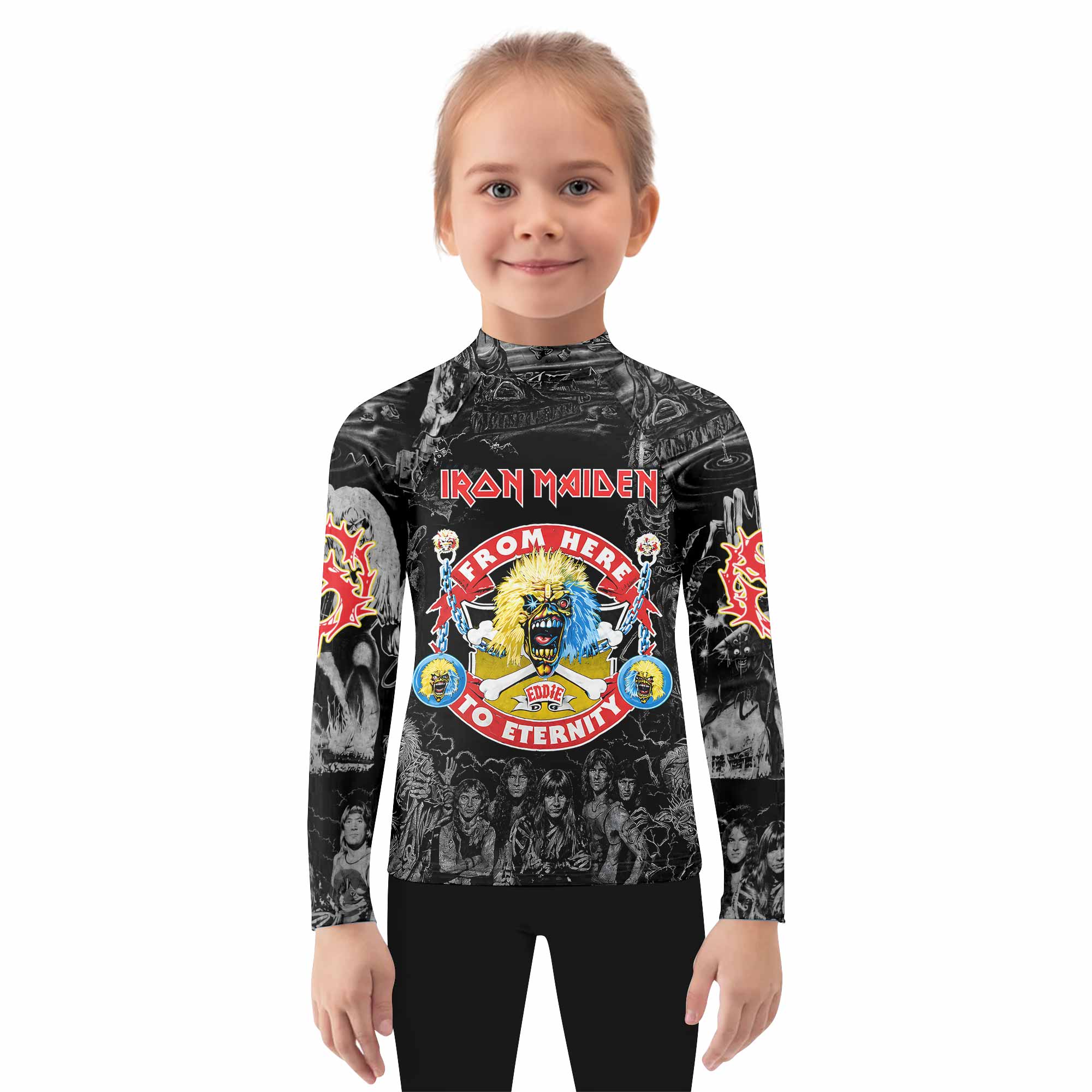 Iron Maiden From Here to Eternity Eddie Kids Rash Guard Long Sleeve - girl's lifestyle view