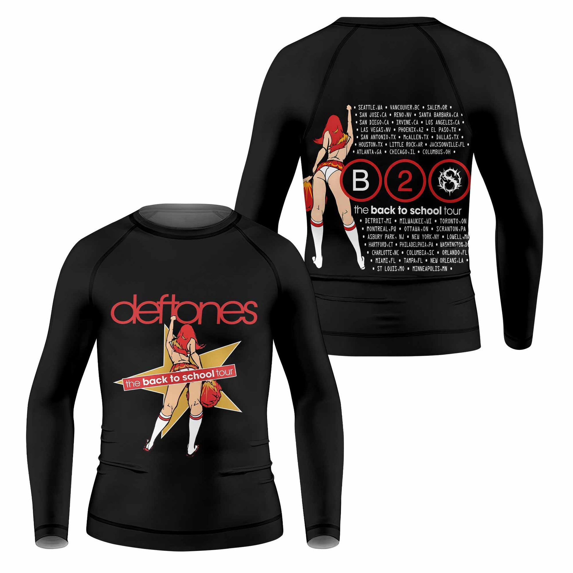 Deftones Back to School Tour Kids Rash Guard Long Sleeve - front and back view