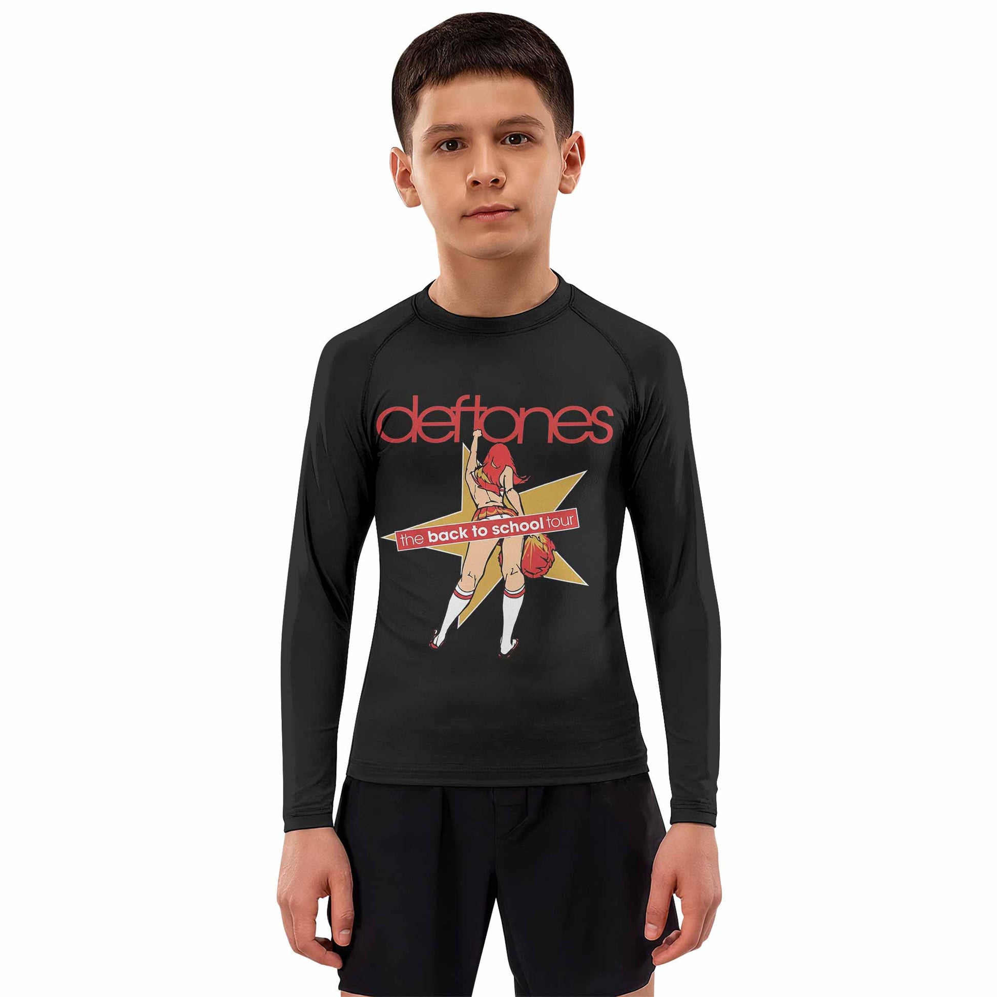 Deftones Back to School Tour Kids Rash Guard Long Sleeve - boy's lifestyle view