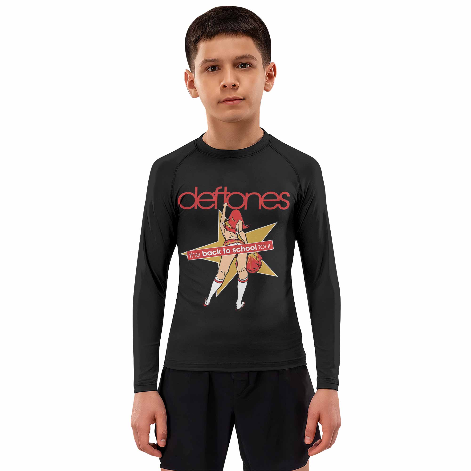 Deftones Back to School Tour Kids Rash Guard Long Sleeve - boy's lifestyle view