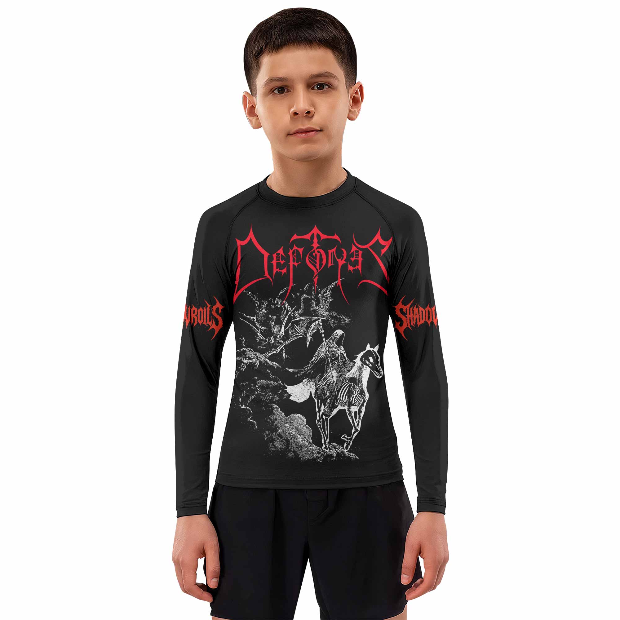 Deftones White Pony Grim Reaper Kids Rash Guard Long Sleeve - boy's lifestyle view