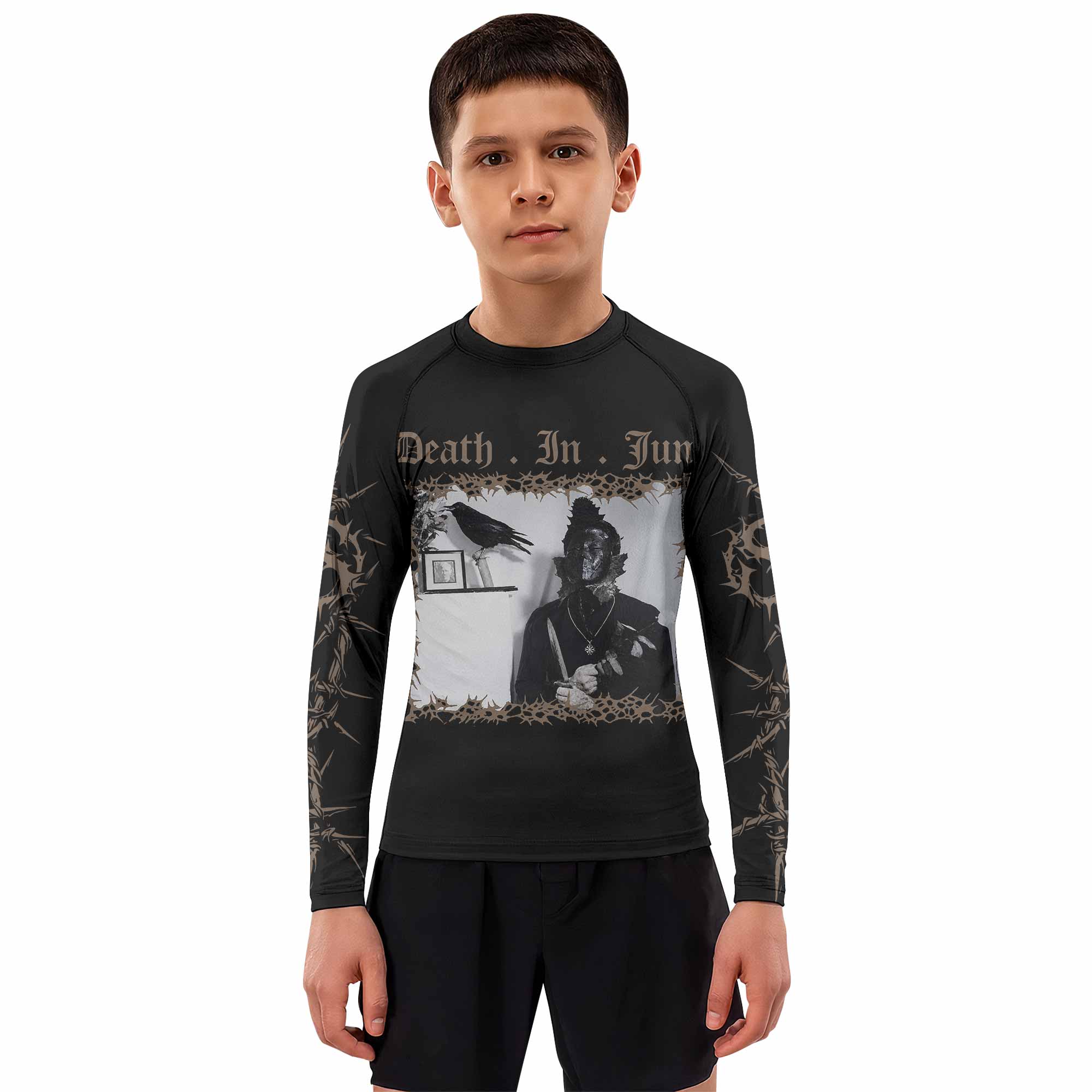 Death in June Ritual Raven Kids Rash Guard Long Sleeve - boy's lifestyle view