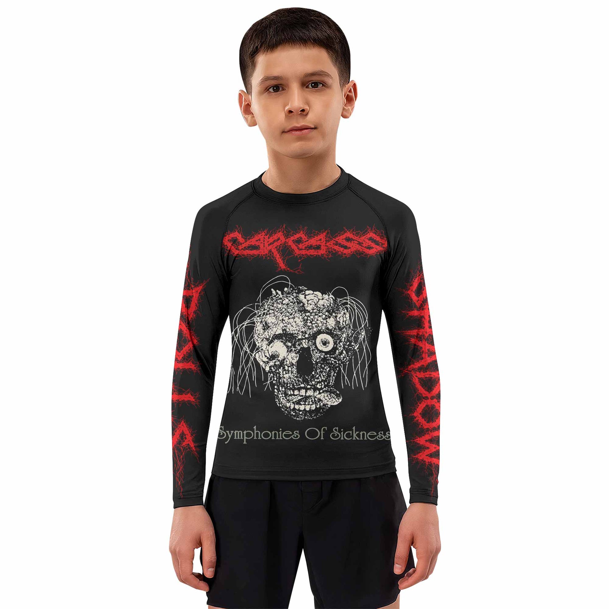 Carcass Symphonies of Sickness Kids Rash Guard Long Sleeve - boy's lifestyle view