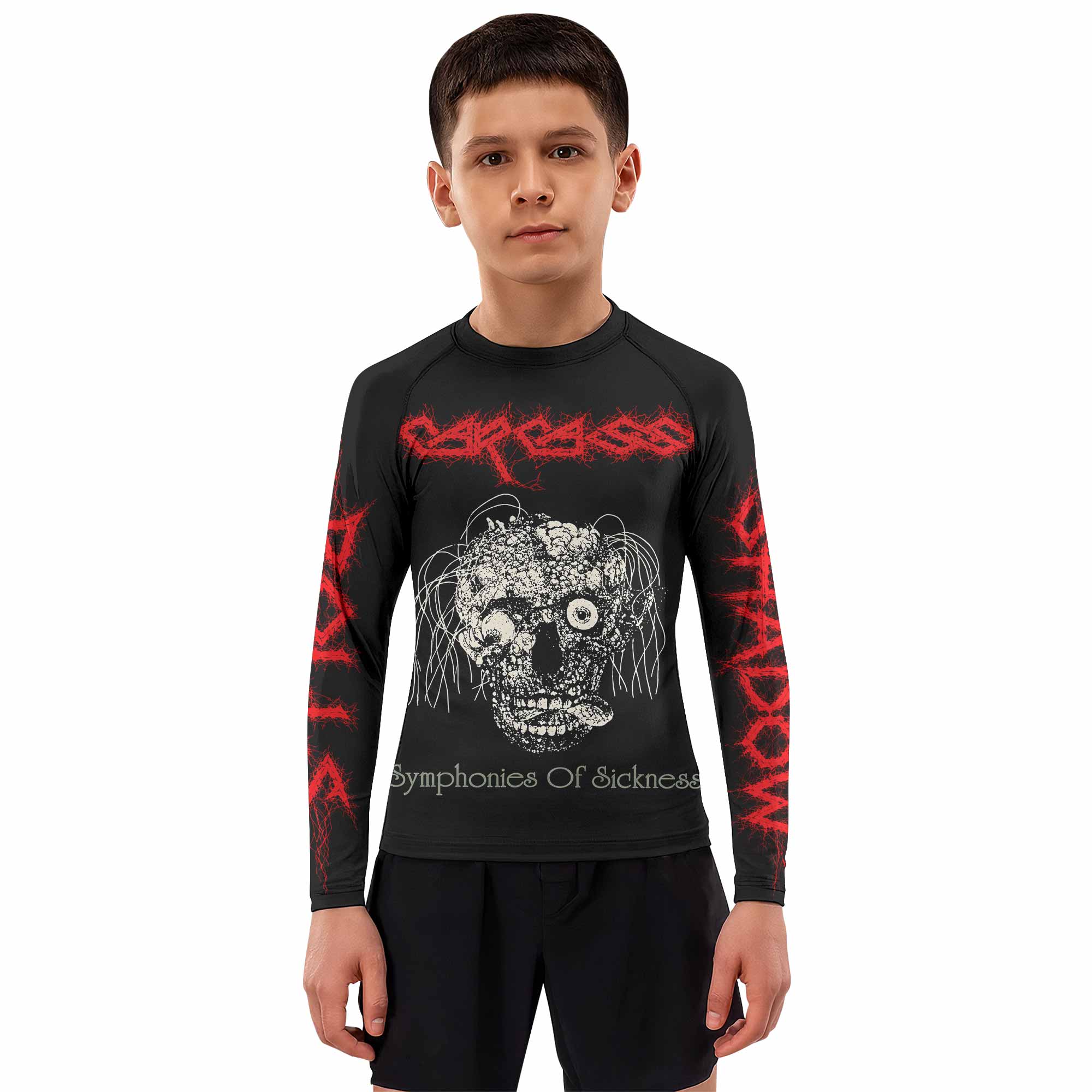 Carcass Symphonies of Sickness Kids Rash Guard Long Sleeve - boy's lifestyle view
