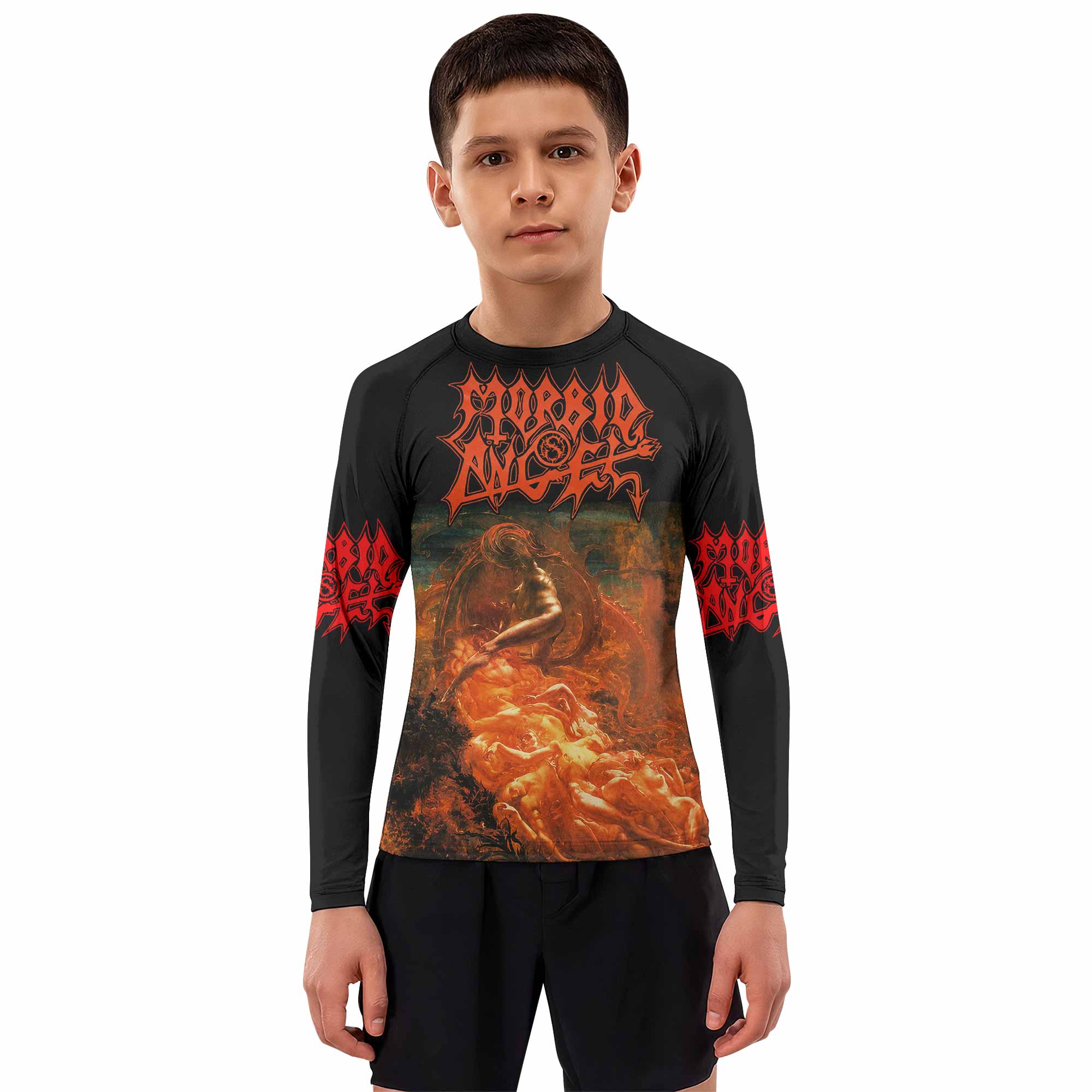 Morbid Angel Altars of Madness Kids Rash Guard Long Sleeve - boy's lifestyle view