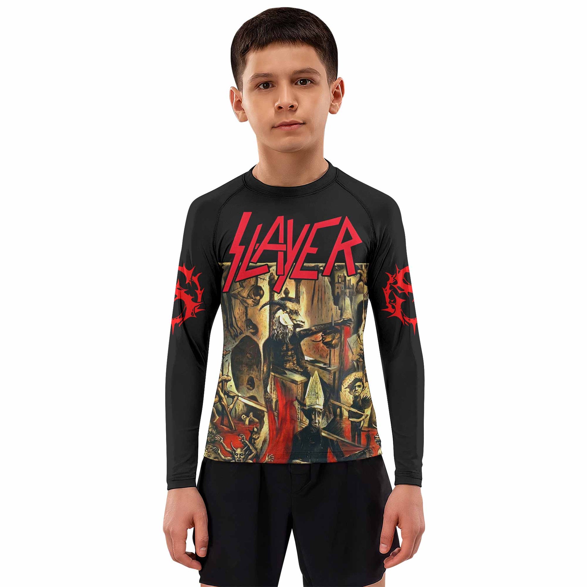 South of Heaven Slayer Kids Rash Guard Long Sleeve - boy's lifestyle view