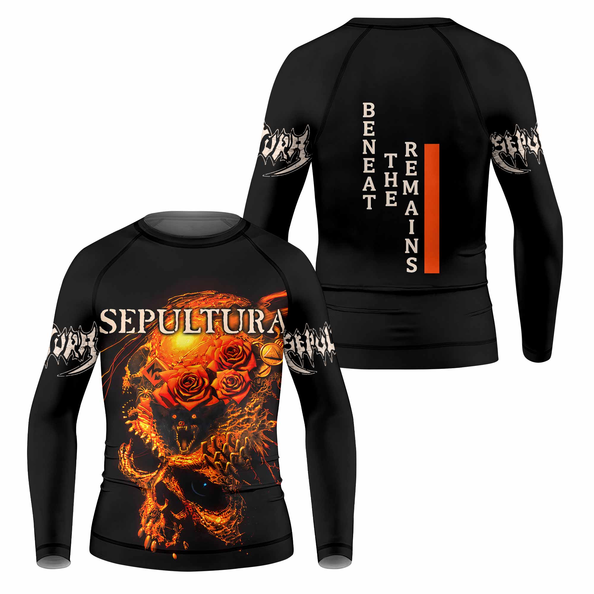 Beneath the Remains Sepultura Kids Rash Guard Long Sleeve - front and back view