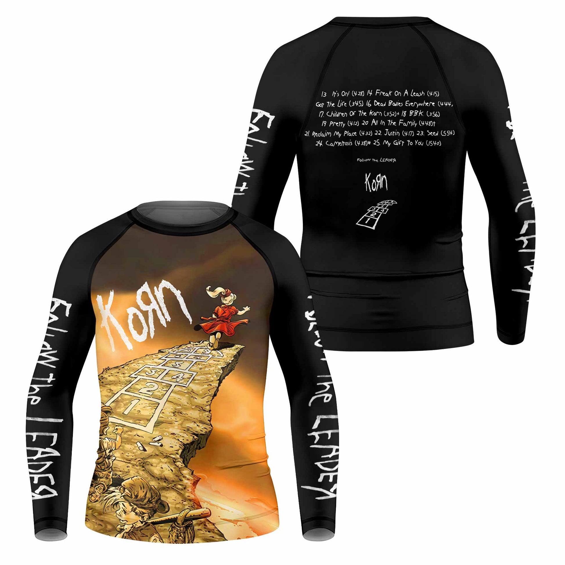 Korn Follow the Leader Hopscotch Kids Rash Guard Long Sleeve - front and back view