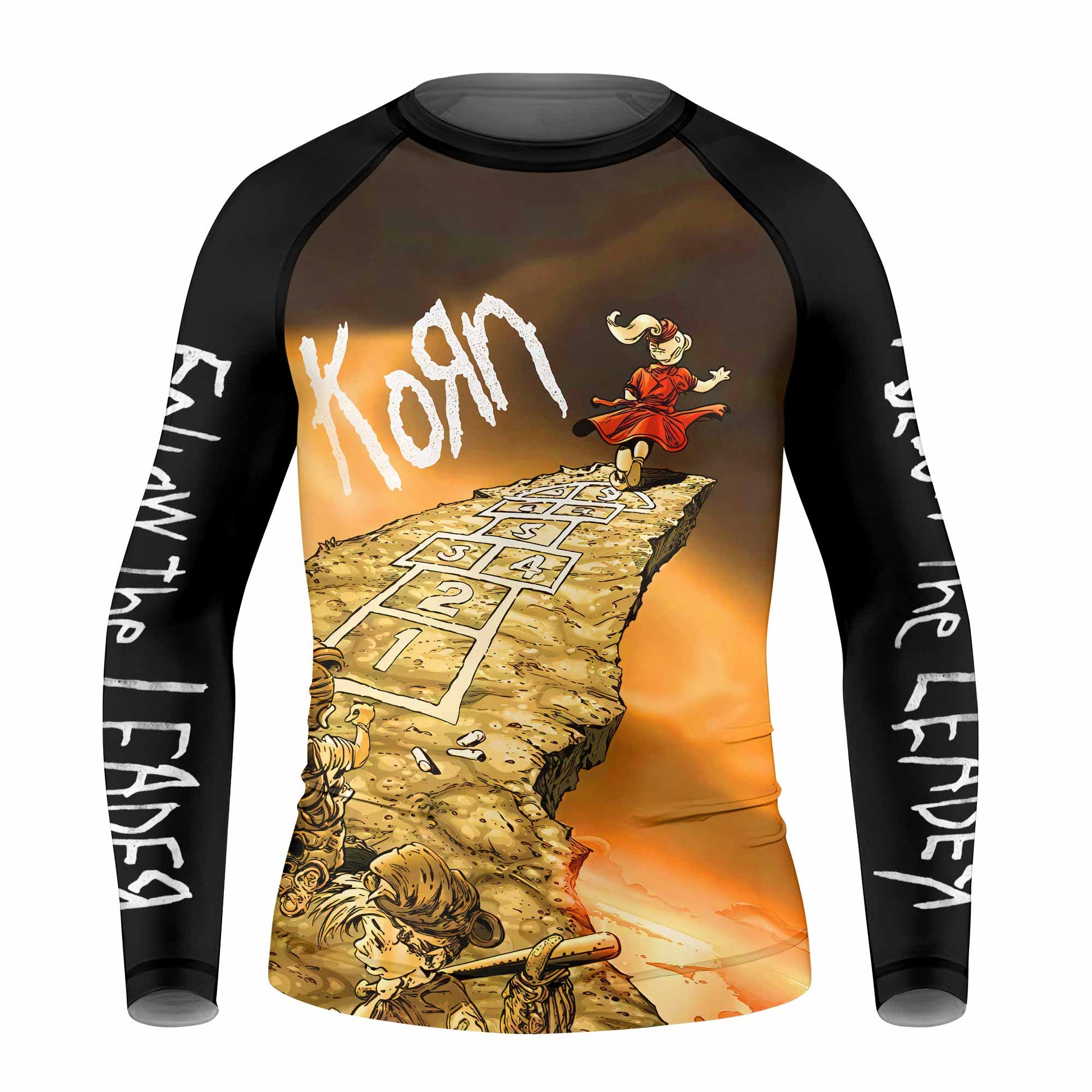 Korn Follow the Leader Hopscotch Kids Rash Guard Long Sleeve - front view mockup