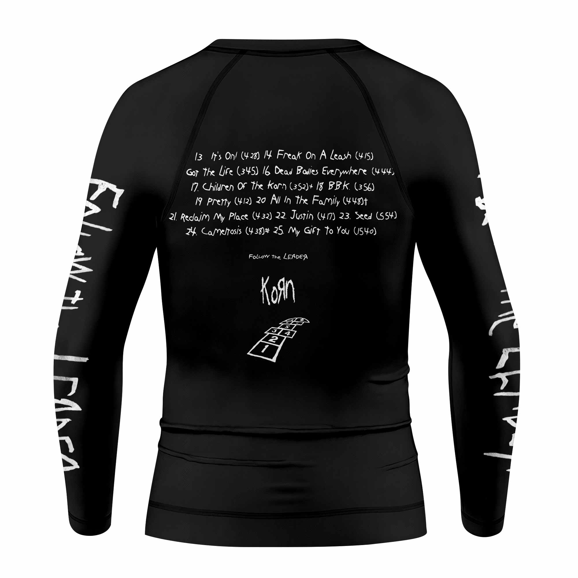 Korn Follow the Leader Hopscotch Kids Rash Guard Long Sleeve - back view mockup