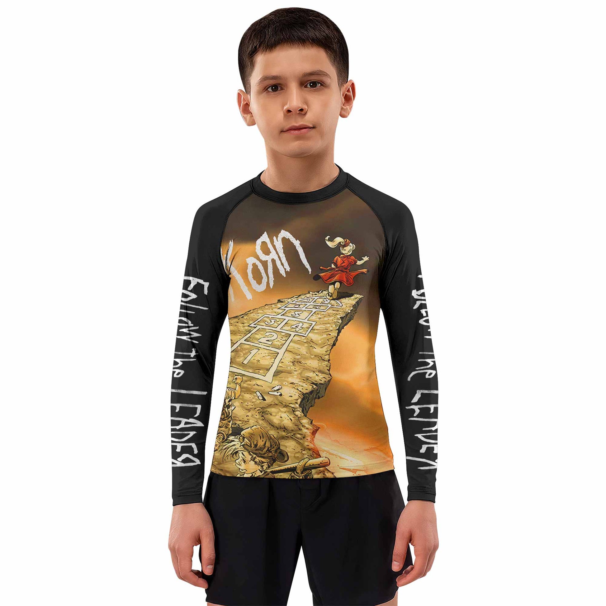 Korn Follow the Leader Hopscotch Kids Rash Guard Long Sleeve - boy's lifestyle view