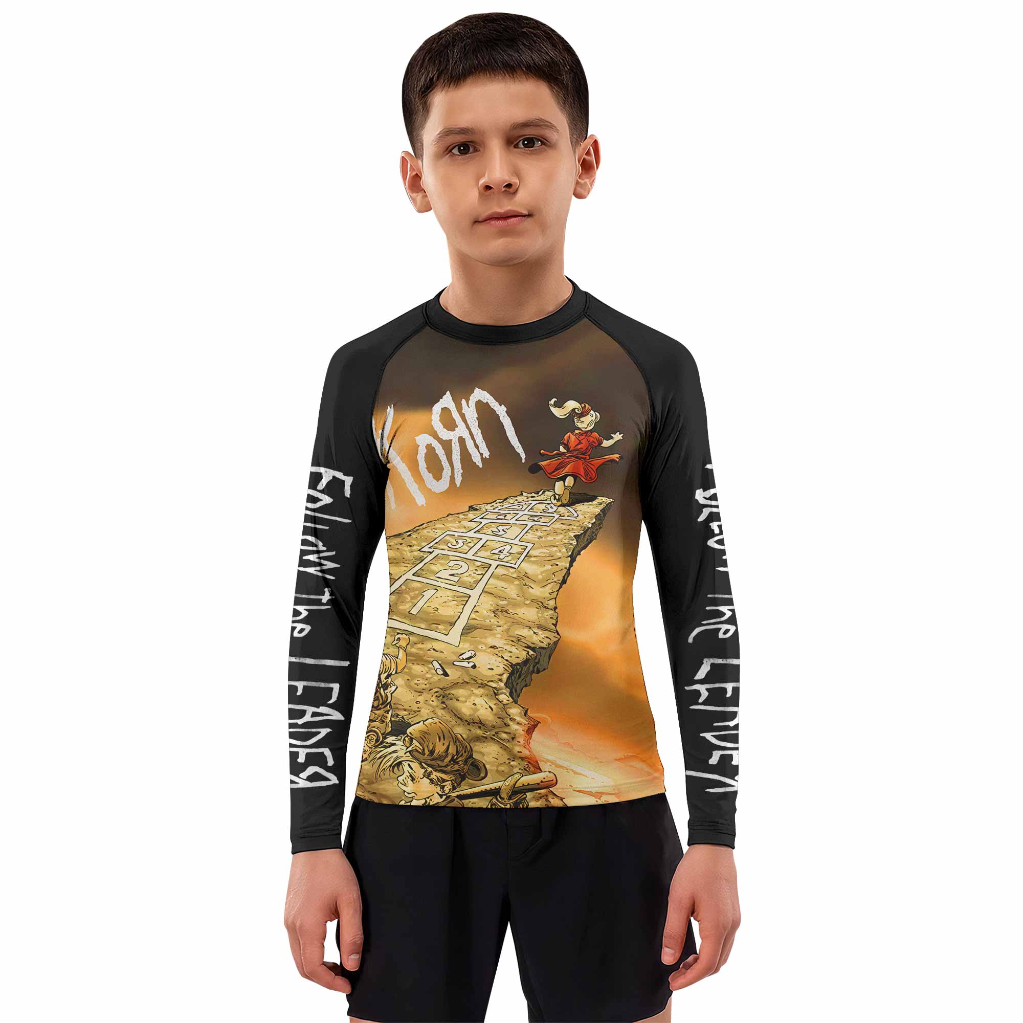 Korn Follow the Leader Hopscotch Kids Rash Guard Long Sleeve - boy's lifestyle view