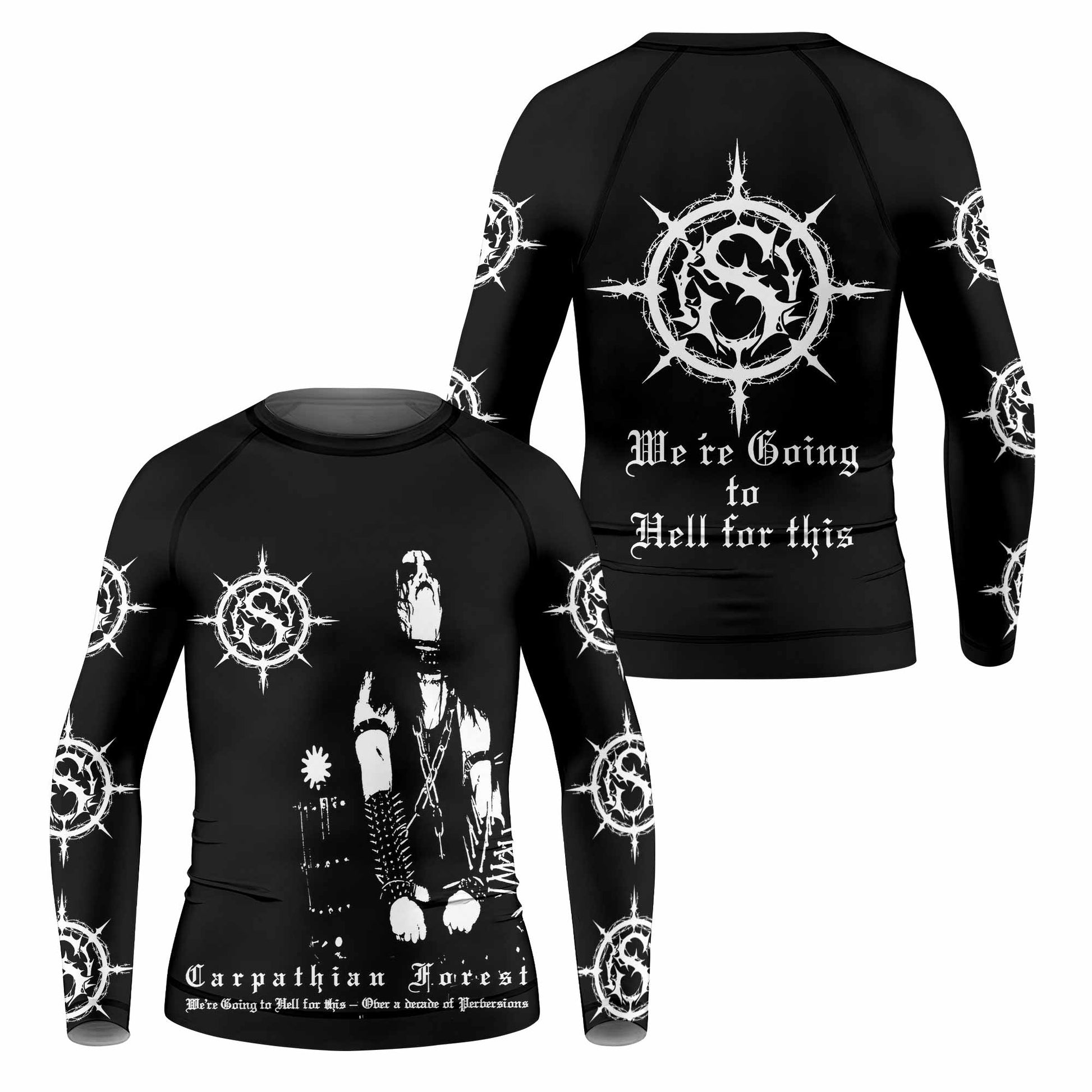 Carpathian Forest We're Going to Hell for This Kids Rash Guard Long Sleeve - front and back view
